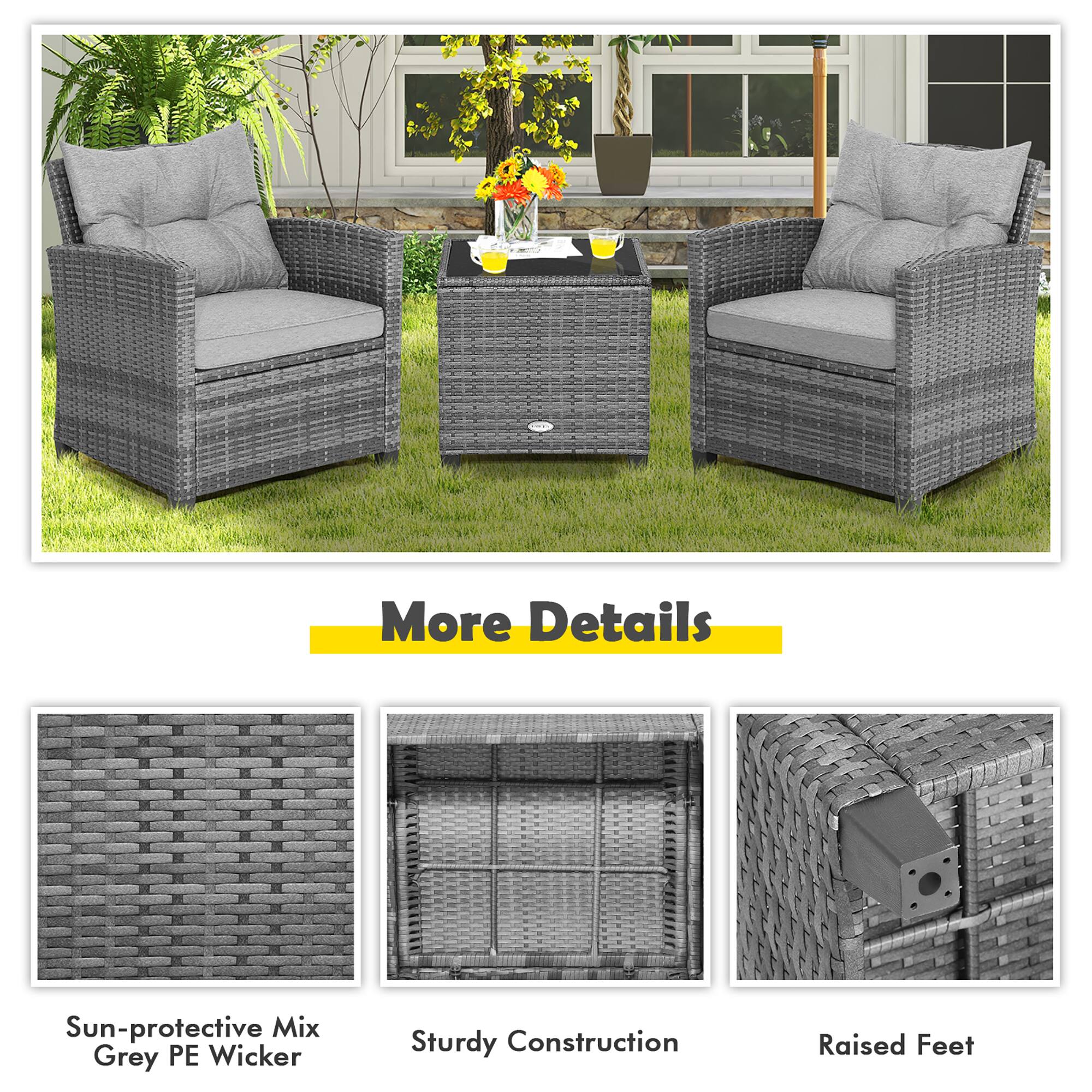 The text on the image reads: "More Details Sun-protective Mix Grey PE Wicker Sturdy Construction Raised Feet."
