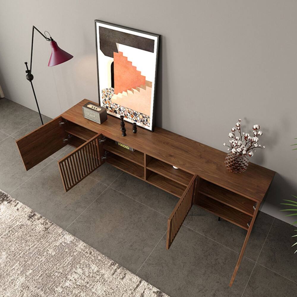 Back. POVISON - 79" Modern Wood TV Stand, Minimalist Slatted Media Console with Tall-cast Metal Legs, Walnut Veneer - Walnut.
