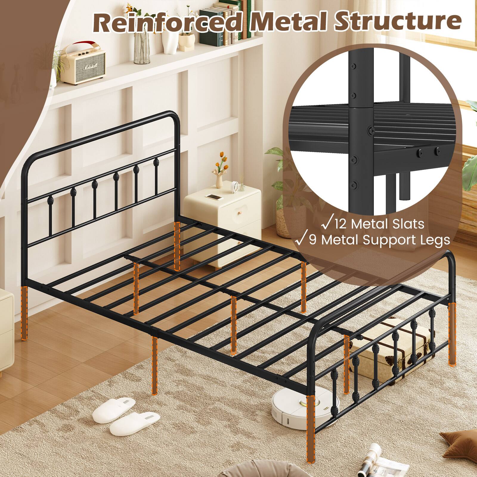 Reinforced Metal Structure

- 12 Metal Slats
- 9 Metal Support Legs
