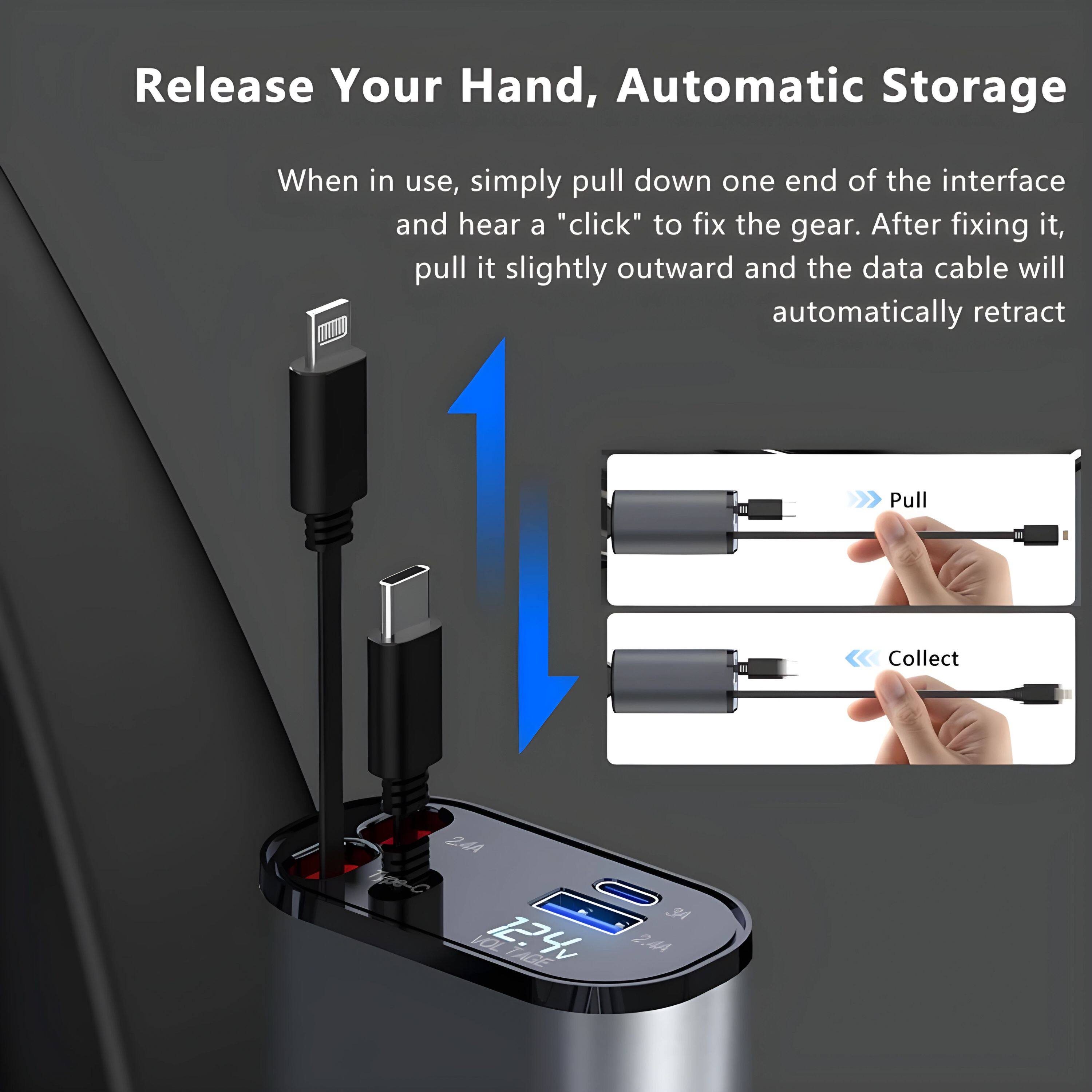 Release Your Hand, Automatic Storage

When in use, simply pull down one end of the interface and hear a "click" to fix the gear. After fixing it, pull it slightly outward and the data cable will automatically retract.

Pull Collect 24A vO 274 TAGE N 2.4A