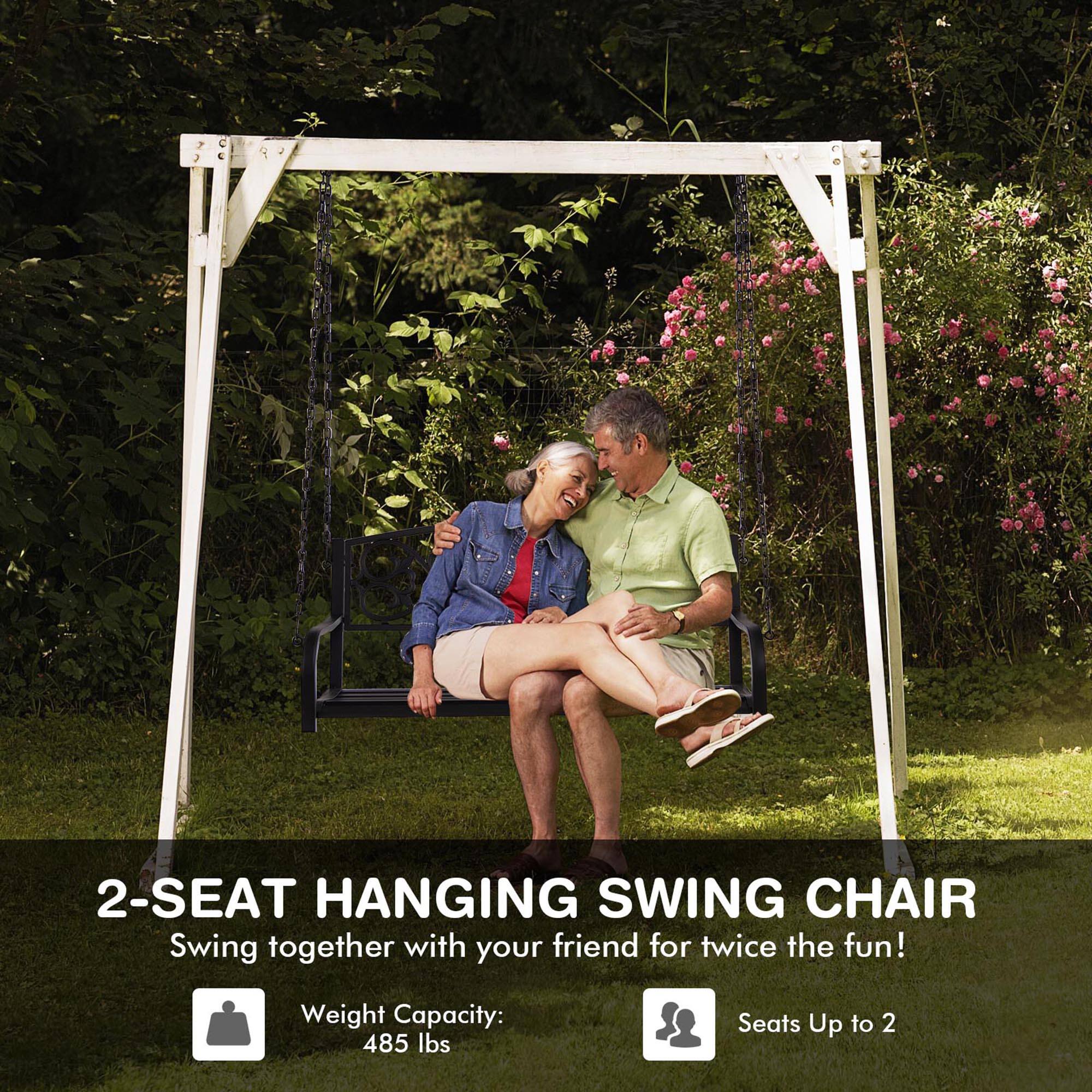 Alt View 5. Gymax - Gymax Patio Hanging Porch Swing 2-Person Outdoor Metal Swing Bench Chair w/ Chains Brown - Brown.