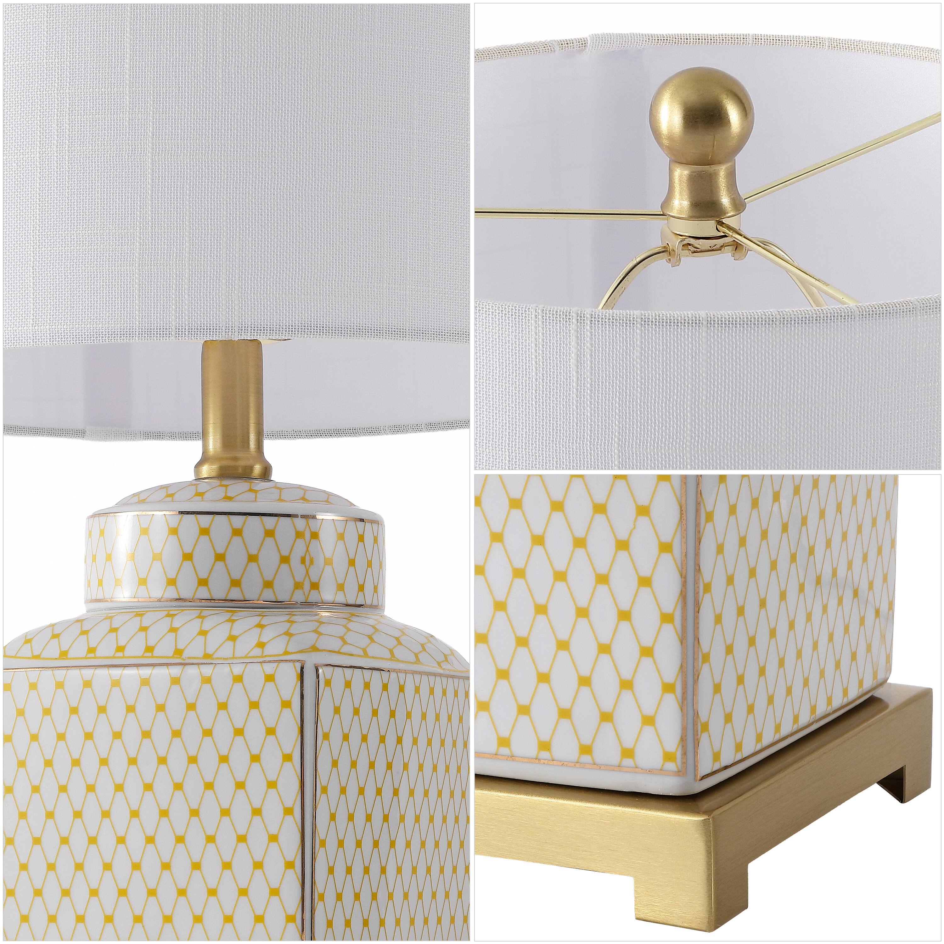 Alt View 4. Jonathan Y - Cleo Transitional 21.5" Yellow and White Square Ceramic Table Lamp with Glam Brass Gold Base for Living Room - White/Yellow.