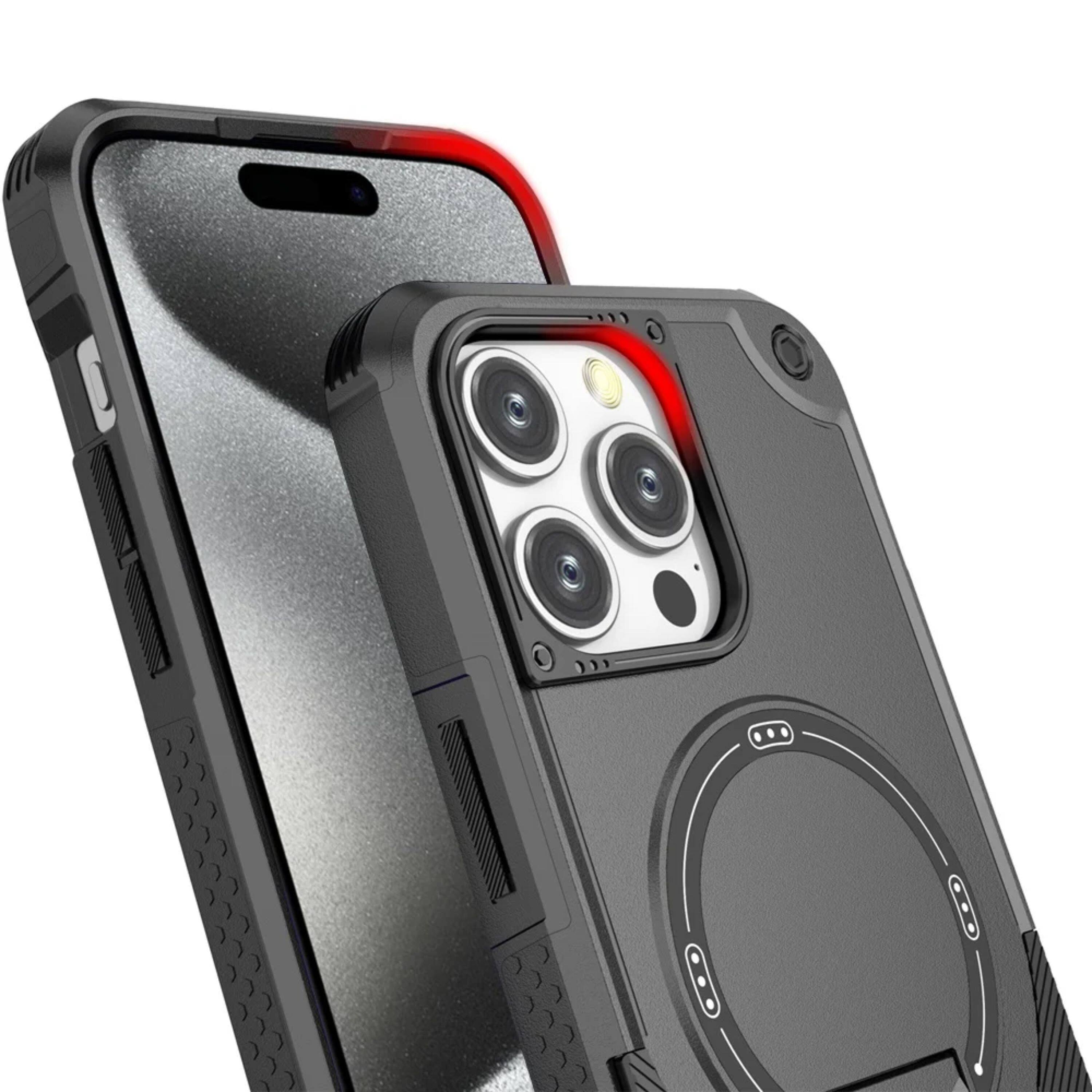 Angle. Kitcheniva - Rugged Magnetic Grip Stand Case With Tempered Glass For iPhone 15 Pro Max Black - Black.