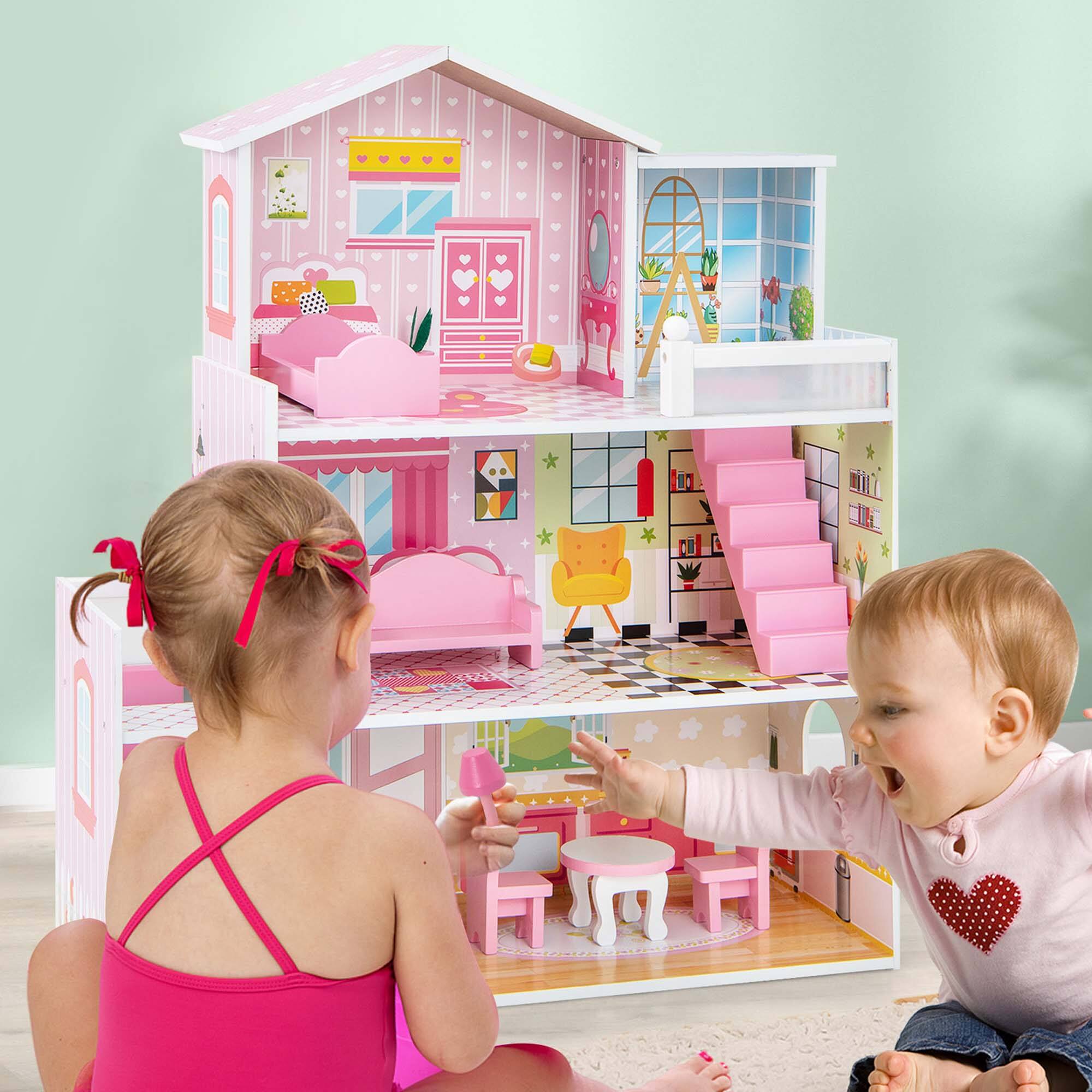 Alt View 1. Costway - Costway Kids Wooden Dollhouse Playset with 5 Simulated Rooms & 10 Pieces of Furniture - Pink.