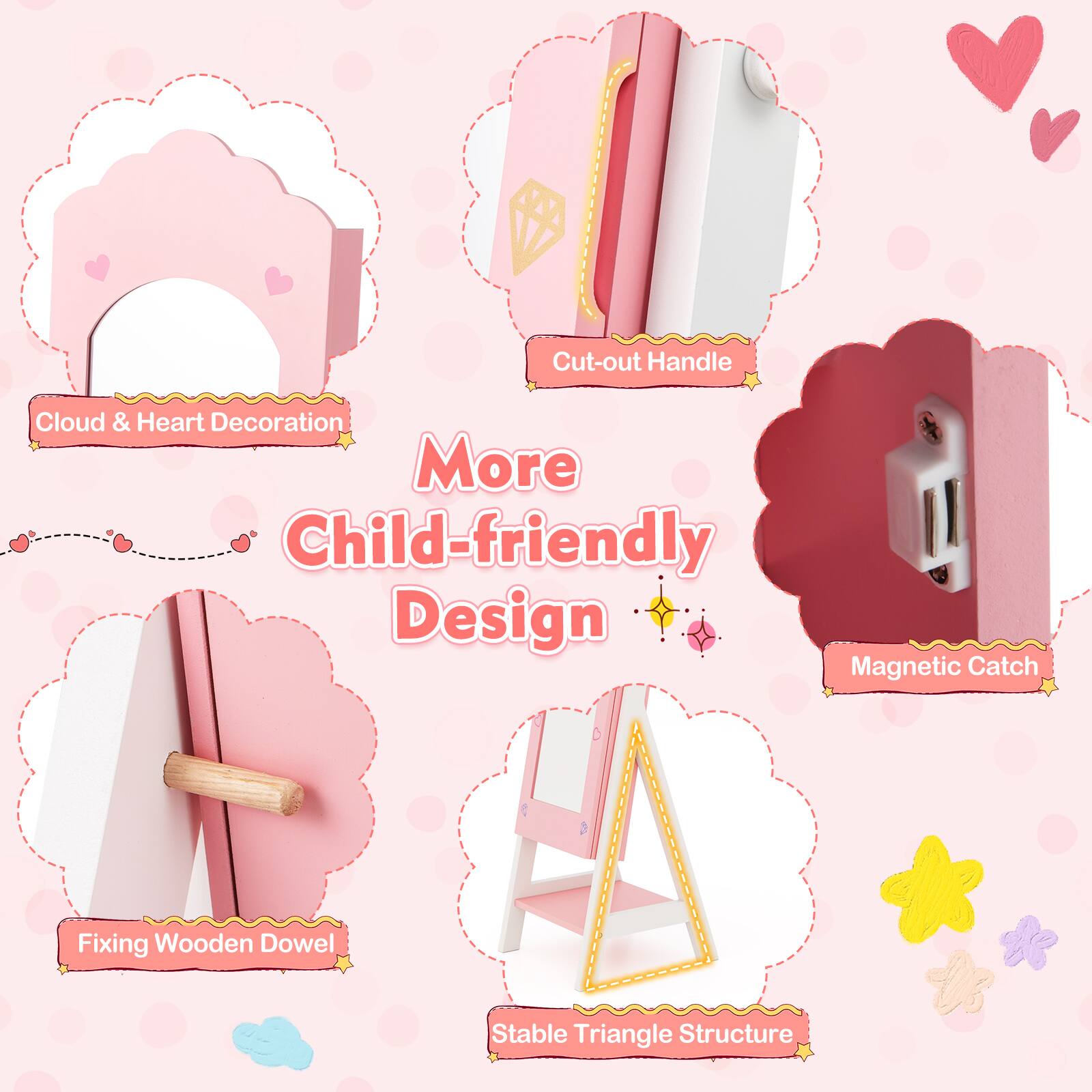 More Child-friendly Design, Cloud & Heart Decoration, Cut-out Handle, Magnetic Catch, Fixing Wooden Dowel, Stable Triangle Structure