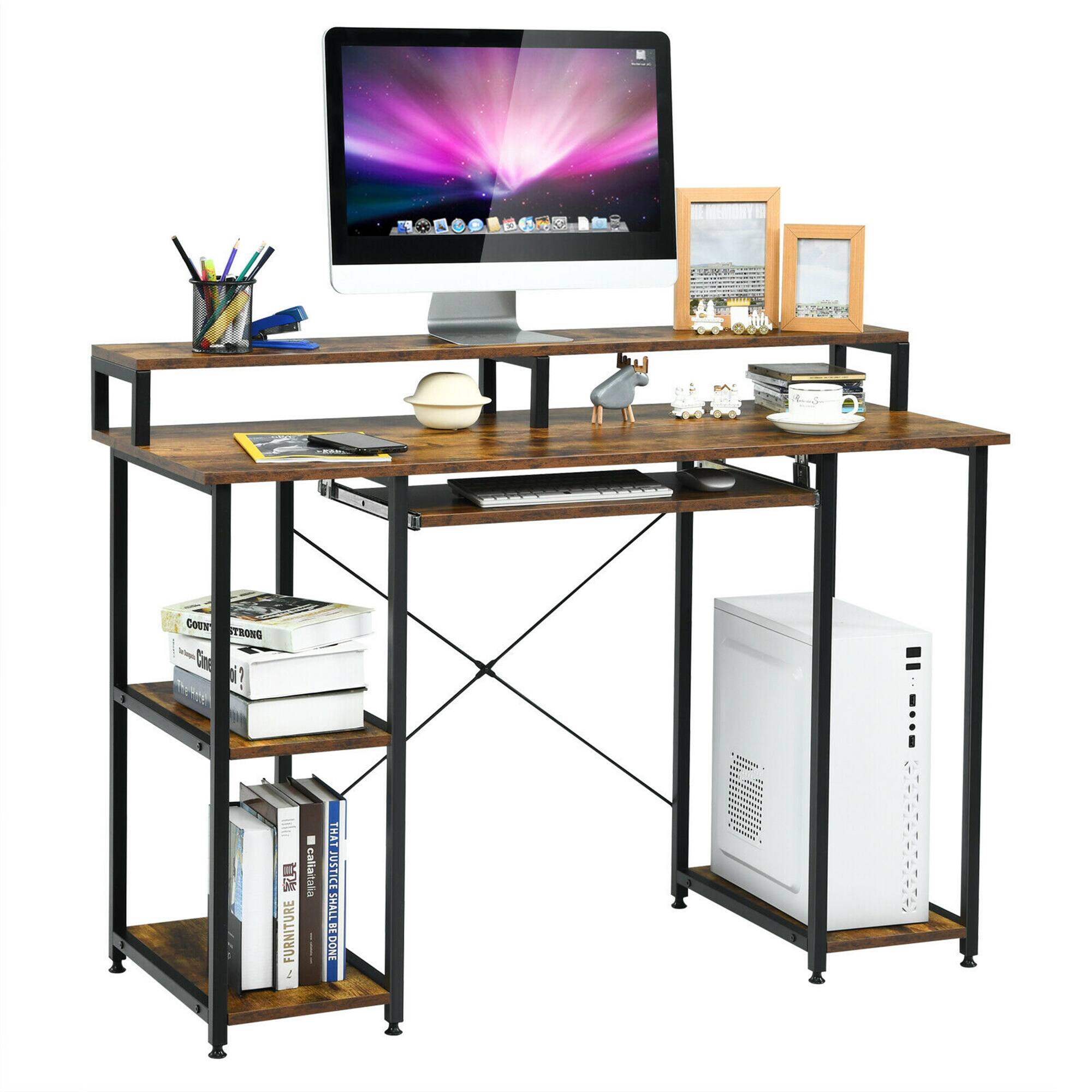Gymax - 47'' Computer Desk Writing Study Table w/ Keyboard Tray & Monitor Stand - Black, Brown