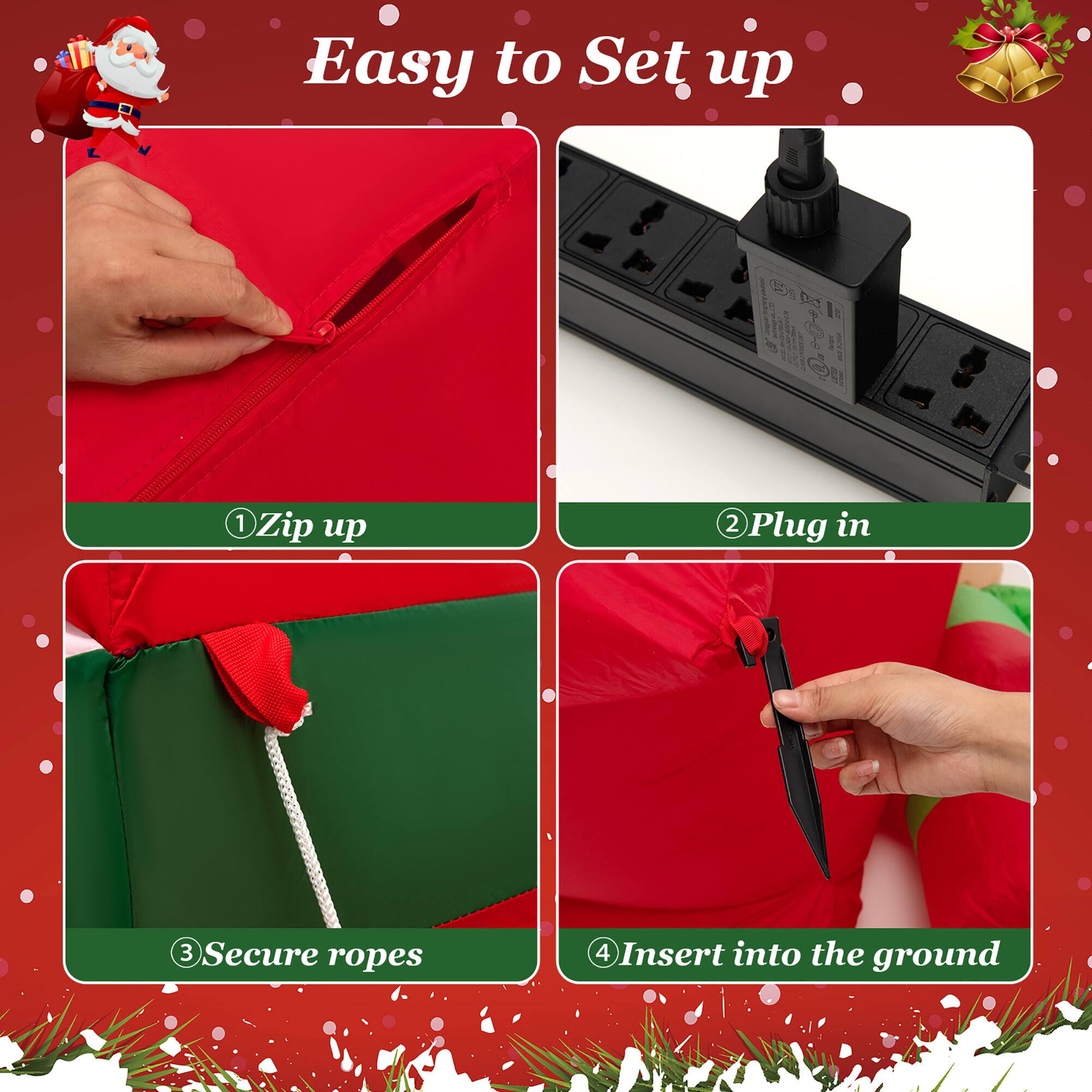 Easy to Set up

1. Zip up
2. Plug in
3. Secure ropes
4. Insert into the ground