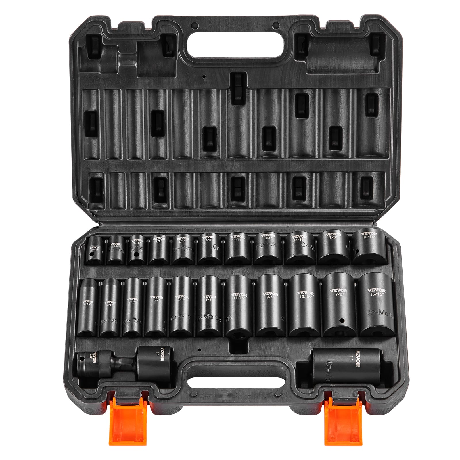 VEVOR - 3/8" Drive Impact Socket Set, 25 Piece Deep & Shallow Socket Set SAE 5/16"-1", 6 Point Cr-Mo Alloy Steel for Auto Repair - Black
