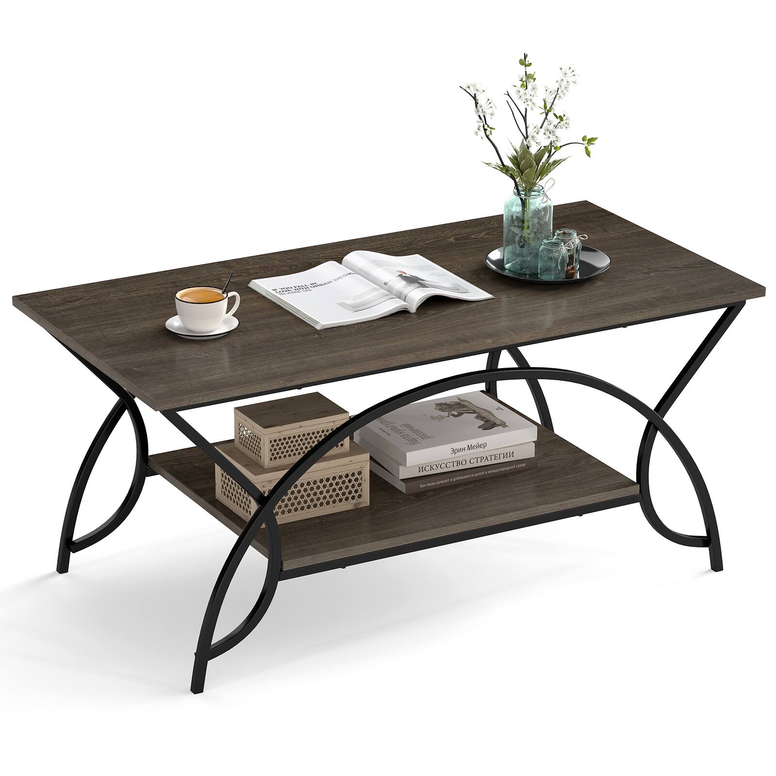 Costway - 2-Tier Industrial Coffee Table Rectangular Cocktail Table with Storage Shelf - Gray Oak