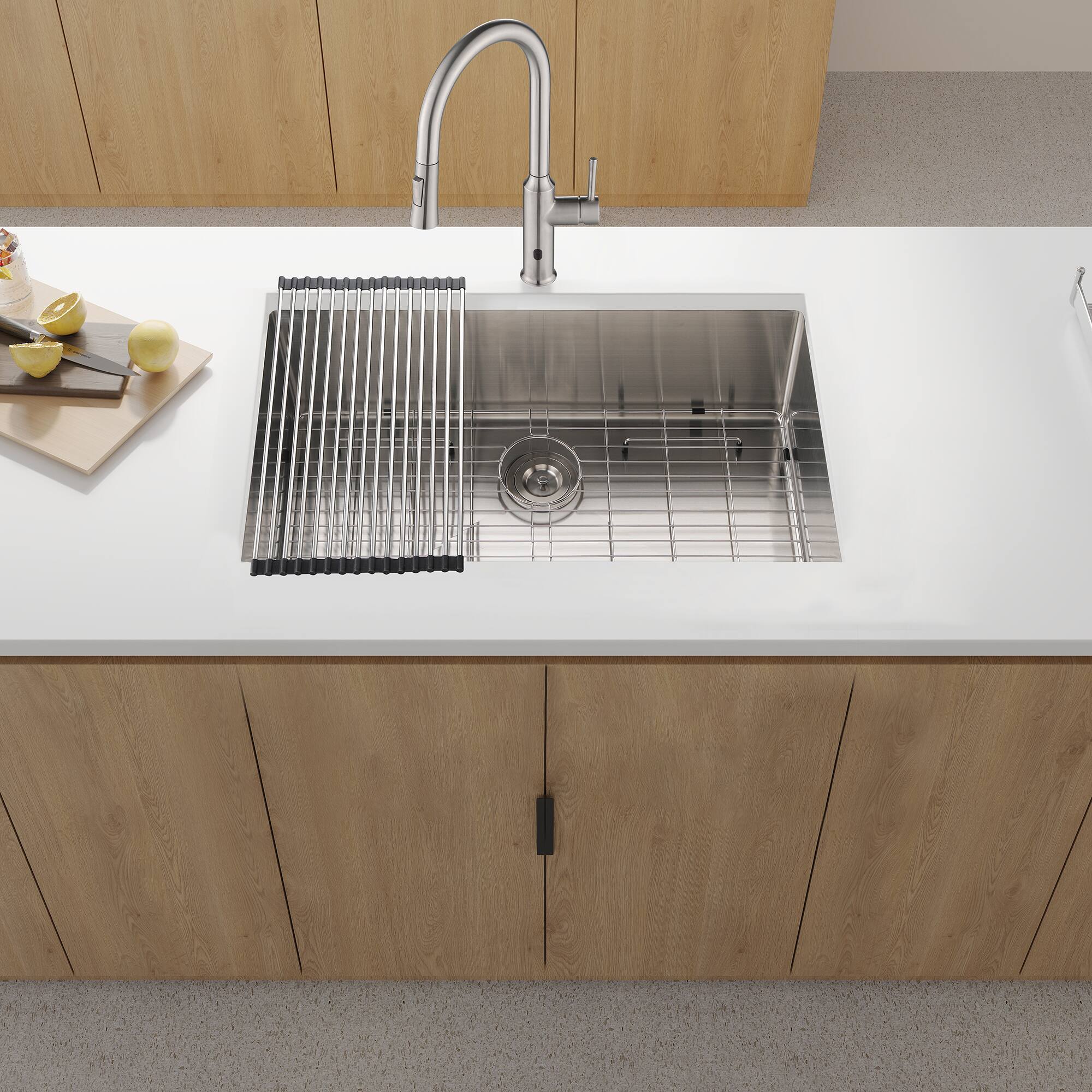Back. ELEMENT ACE - Undermount Single Bowl Stainless Steel Kitchen Sink - 33x19x10 Inch - Brushed Nickel.