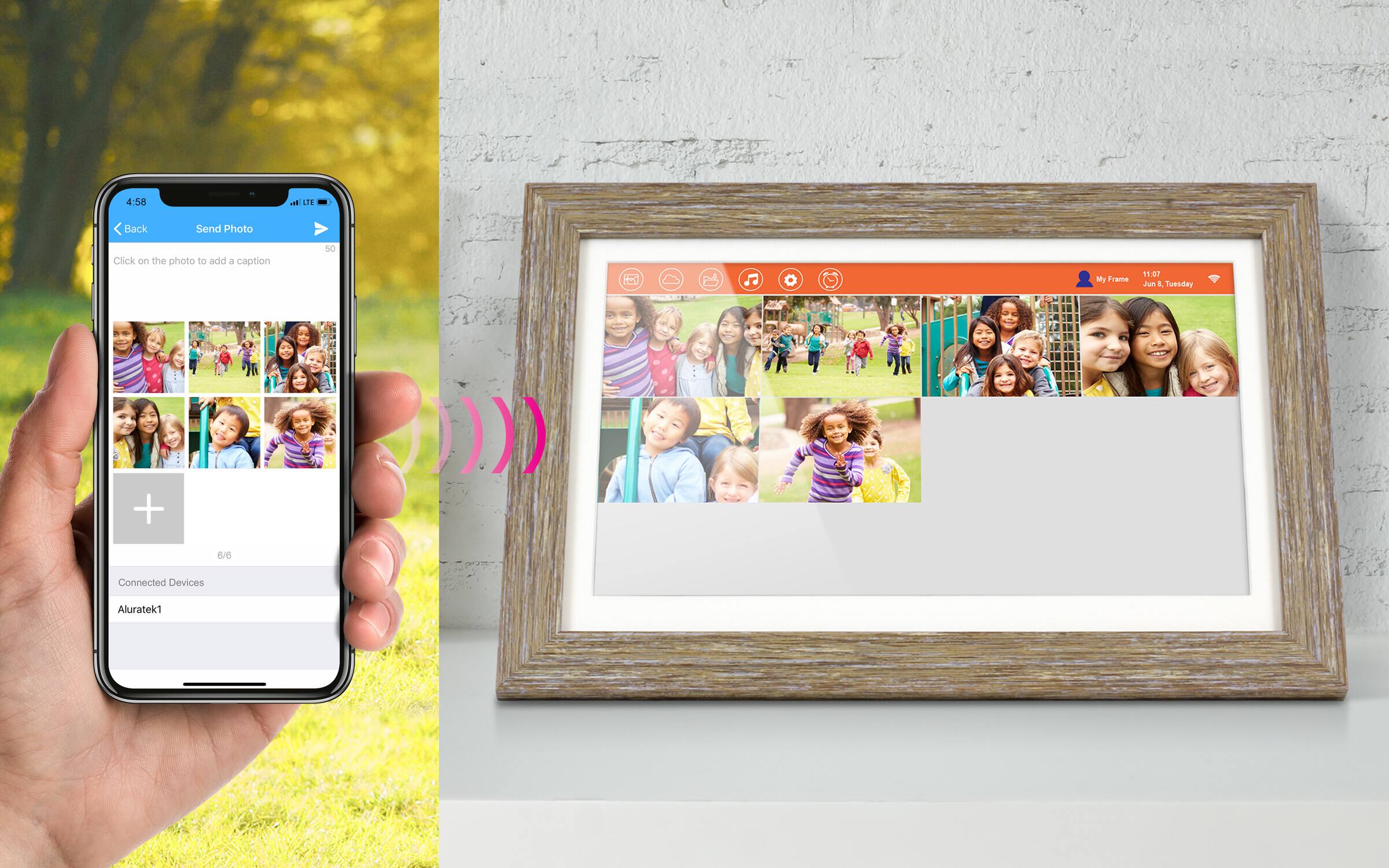 4:58 - LTE  
Back Send Photo  
Click on the photo to add a caption  
50  
My Frame  
11:02  
Jun 6, Tuesday  
Connected Devices  
Aluratek1