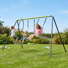 Loheer - 11.16 ft Metal Swing Set with Face-to-Face Glider and 2 Belt Swings for Backyard - Lime green