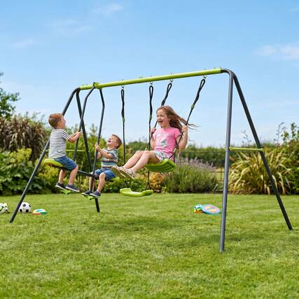 Front. Loheer - 11.16 ft Metal Swing Set with Face-to-Face Glider and 2 Belt Swings for Backyard - Lime green.
