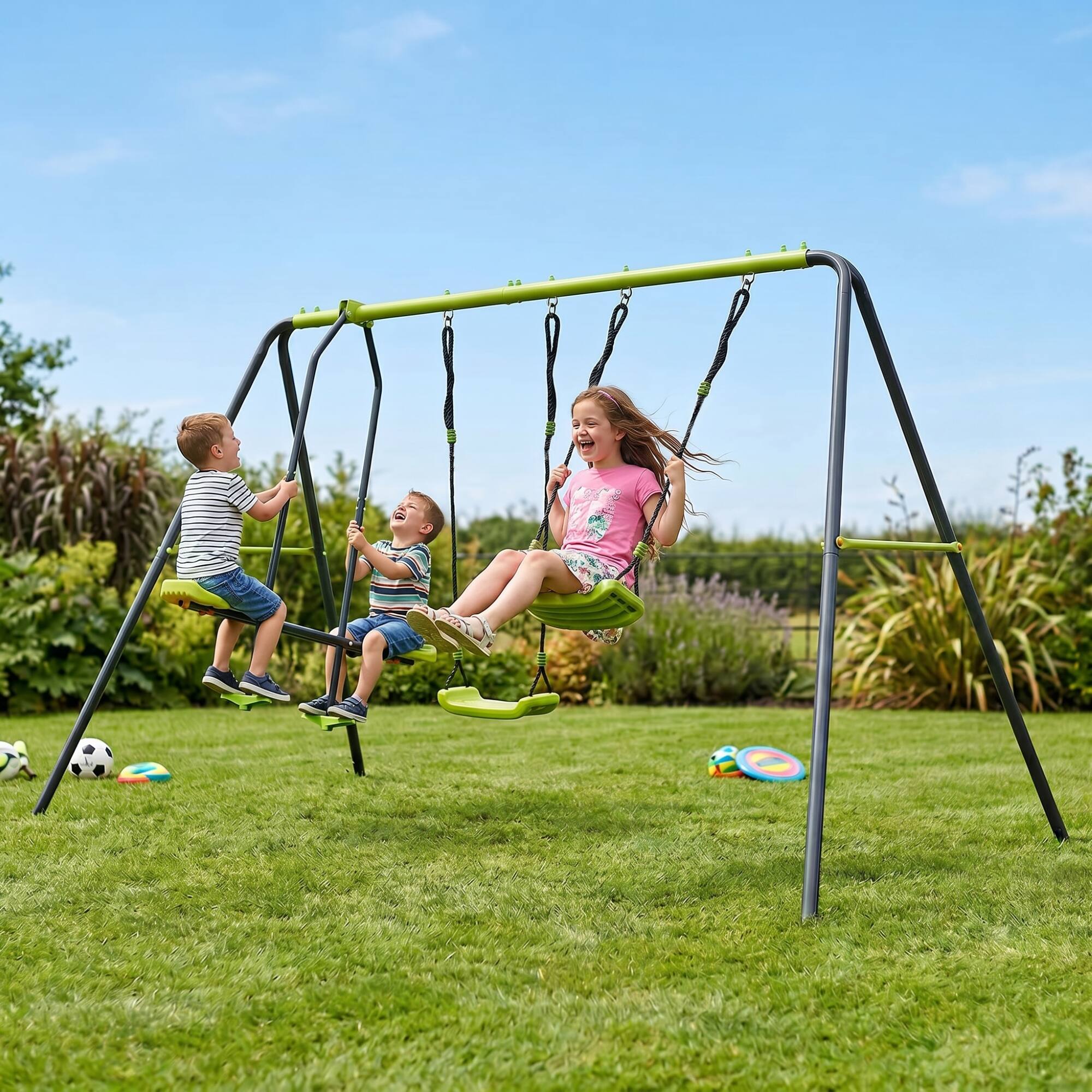 Front. Loheer - 11.16 ft Metal Swing Set with Face-to-Face Glider and 2 Belt Swings for Backyard - Lime green.