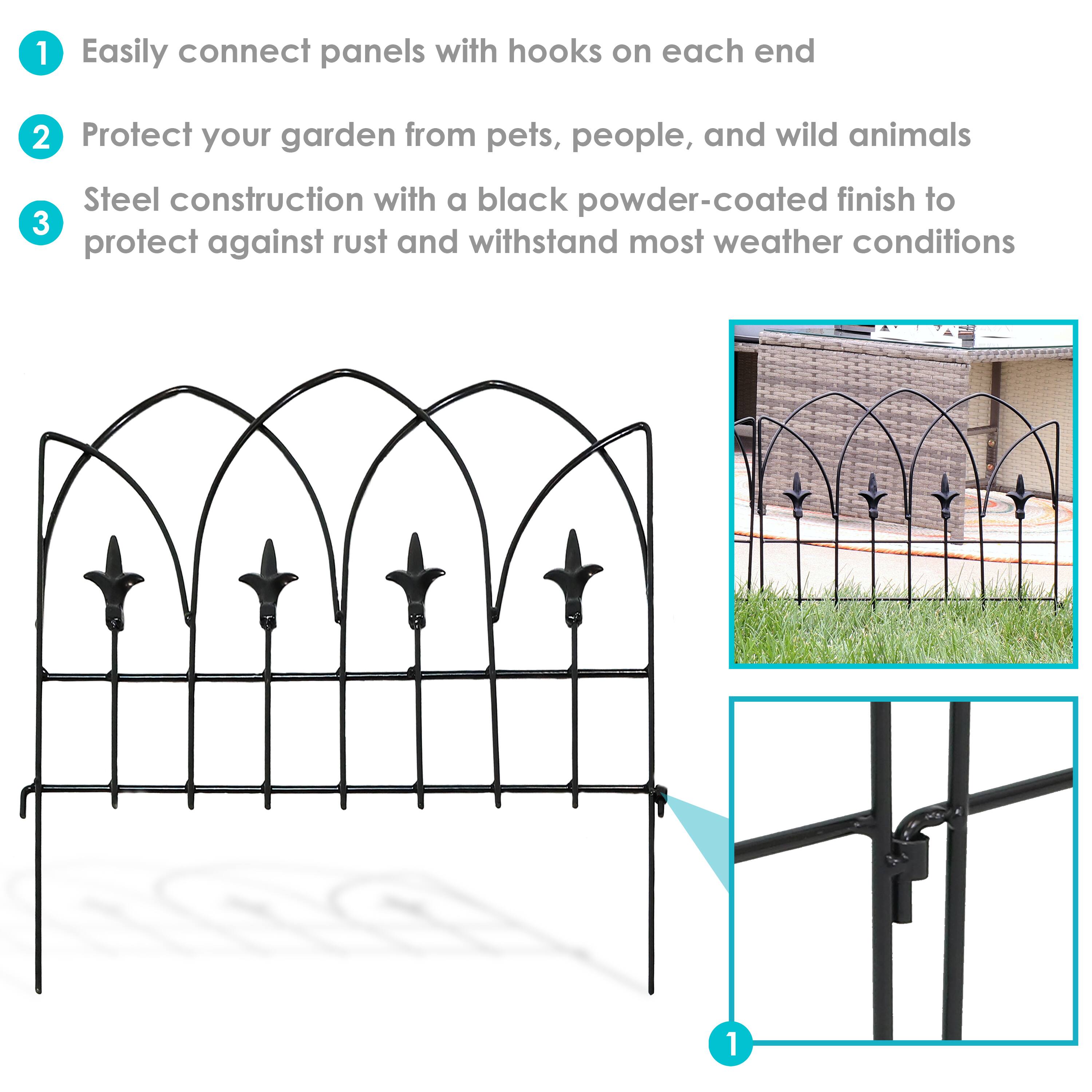 1. Easily connect panels with hooks on each end

2. Protect your garden from pets, people, and wild animals

3. Steel construction with a black powder-coated finish to protect against rust and withstand most weather conditions
