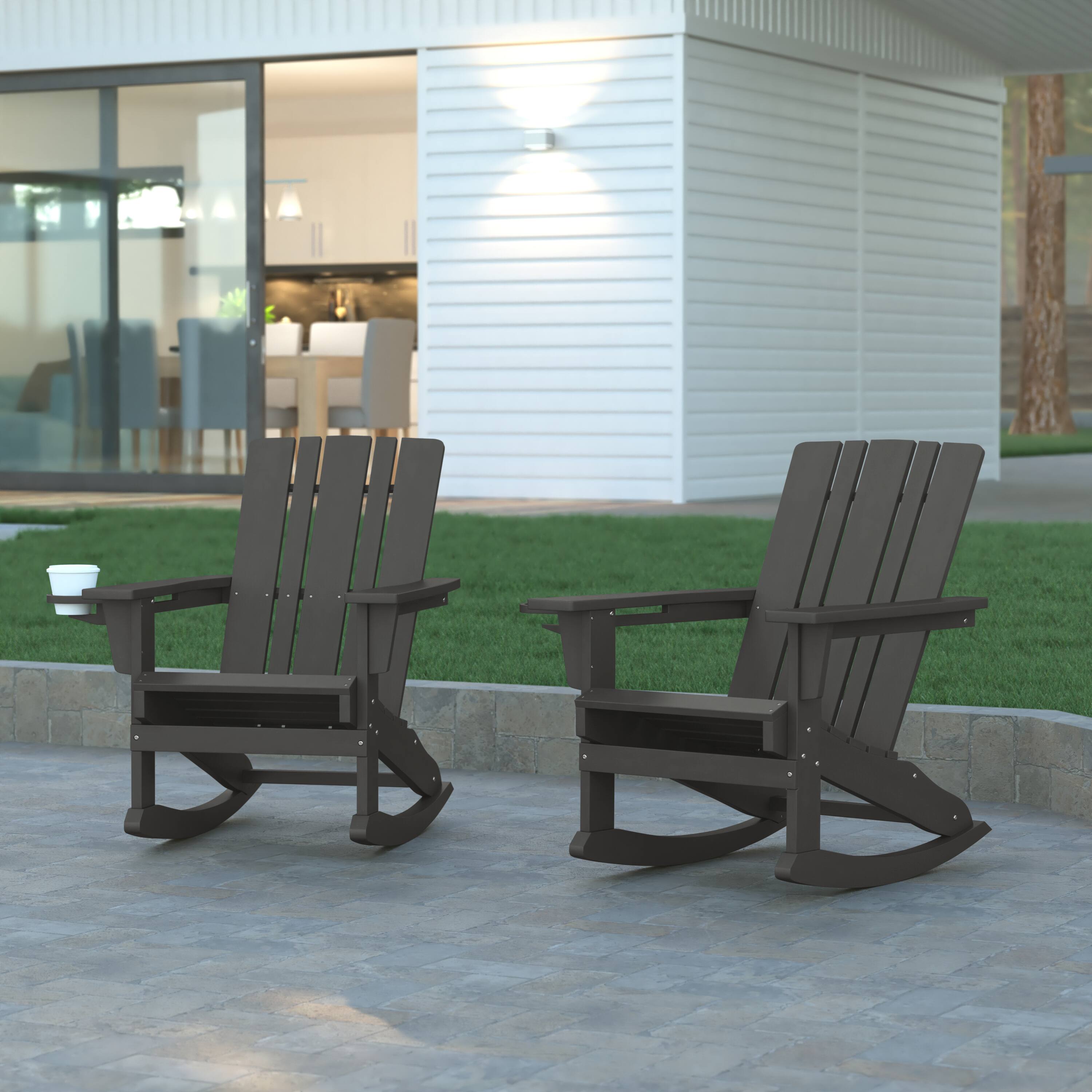 Alt View 2. Emma + Oliver - Haley Set of 2 Adirondack Rocking Chairs with Cup Holders, Weather Resistant HDPE Adirondack Rocking Chairs - Gray.