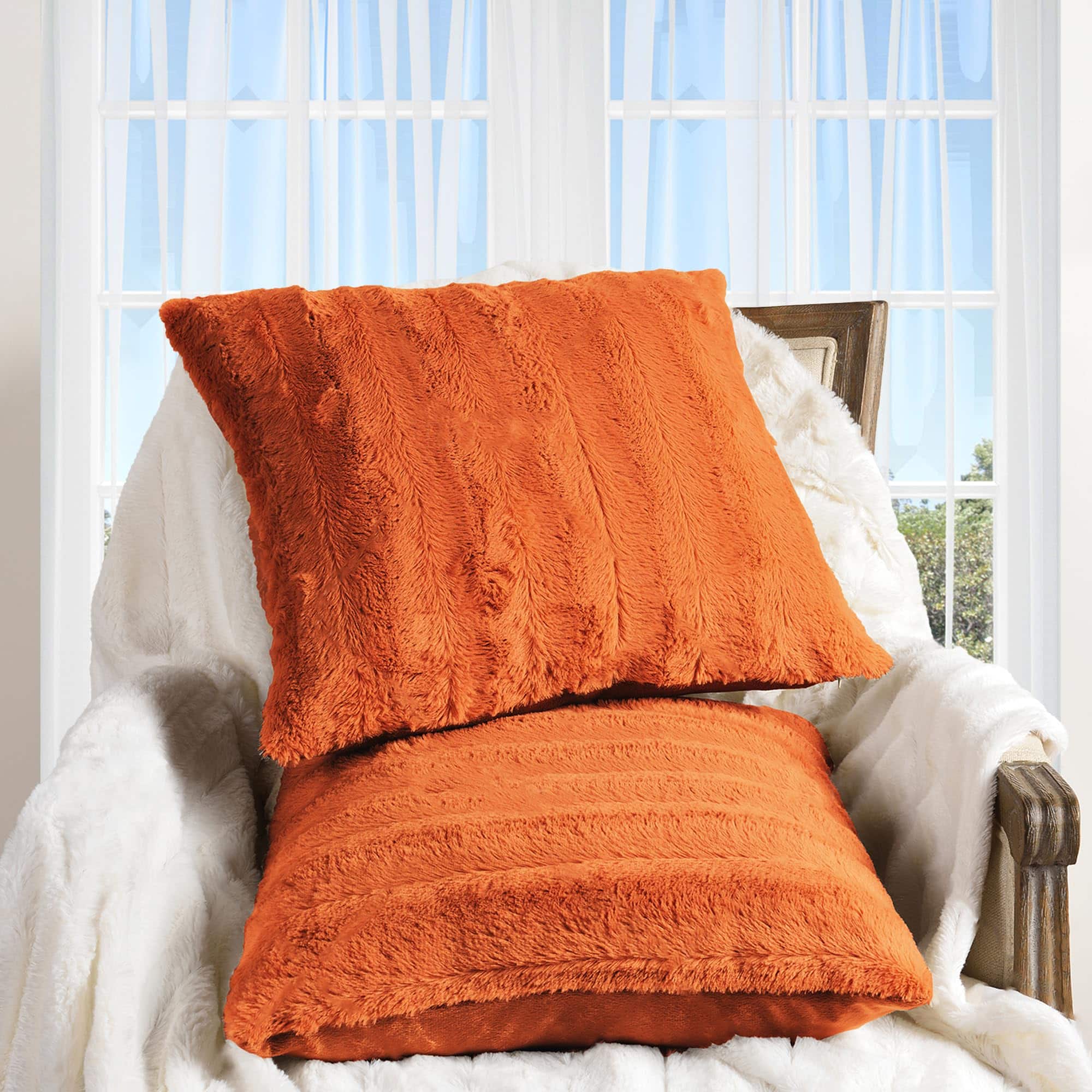 Cheer Collection - Set of 2 Faux Fur Throw Pillows 16" X 16" - Rust