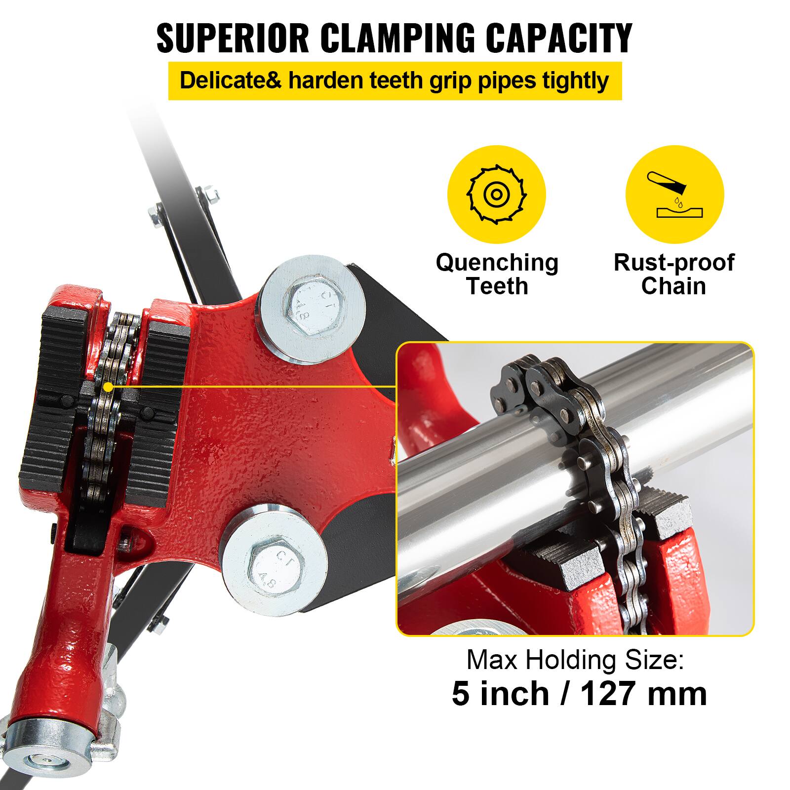 SUPERIOR CLAMPING CAPACITY  
Delicate & harden teeth grip pipes tightly  
Quenching Teeth  
Rust-proof Chain  
Max Holding Size: 5 inch / 127 mm