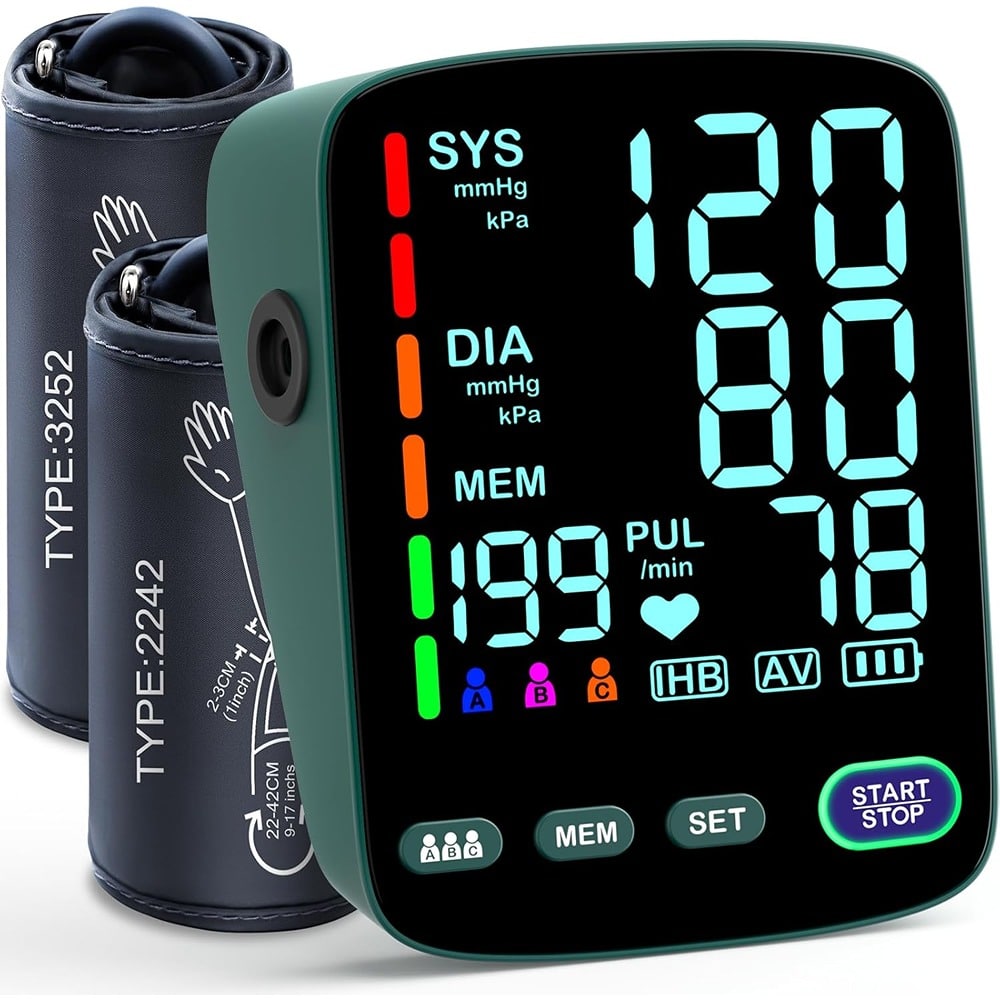 RTMB - Upper Arm Blood Pressure Monitor, 2 Cuff Sizes, Large LED Screen, 3-User - Green