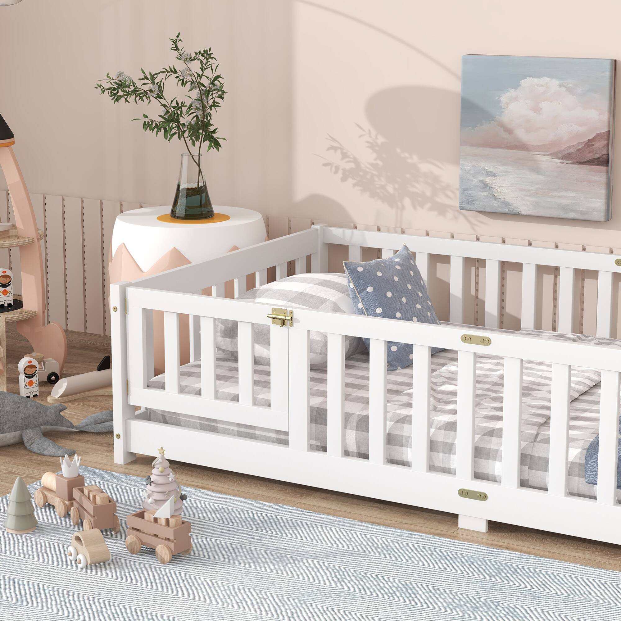 Alt View 5. GOODSILO - Twin Size Floor Bed with Safety Fence and Door for Kids, Sturdy Rubber Wood Construction - White.