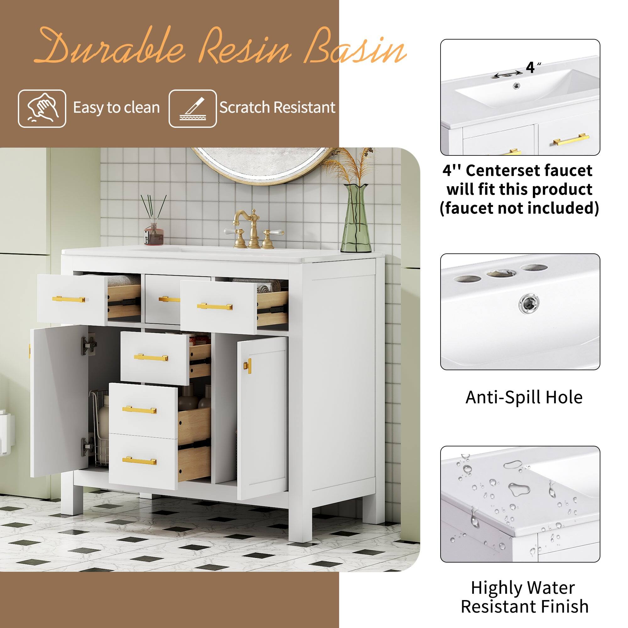 Durable Resin Basin

- Easy to clean
- Scratch Resistant

4" Centerset faucet will fit this product (faucet not included)

- Anti-Spill Hole
- Highly Water Resistant Finish