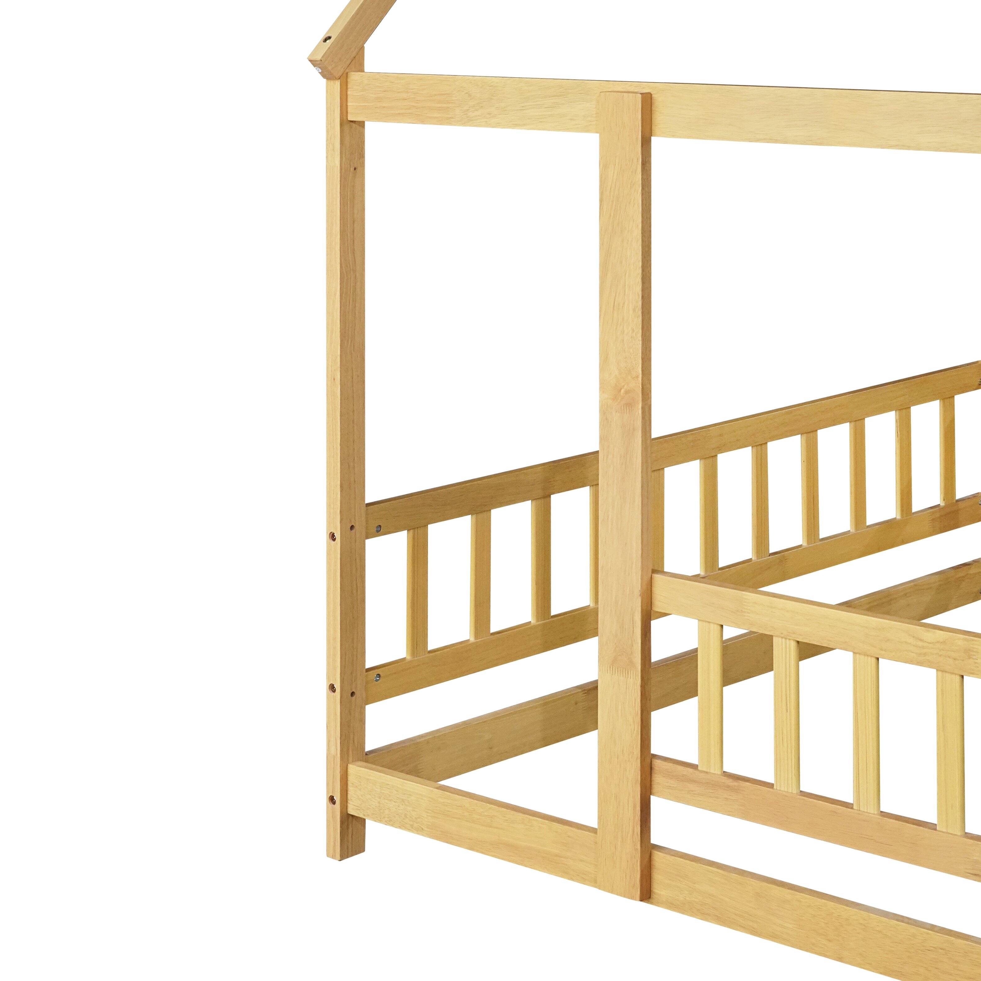 Alt View 7. Tiramisubest - Full Size House Floor Wooden Bed with Roof Frame, Safety Guardrails,Natural - Natural.