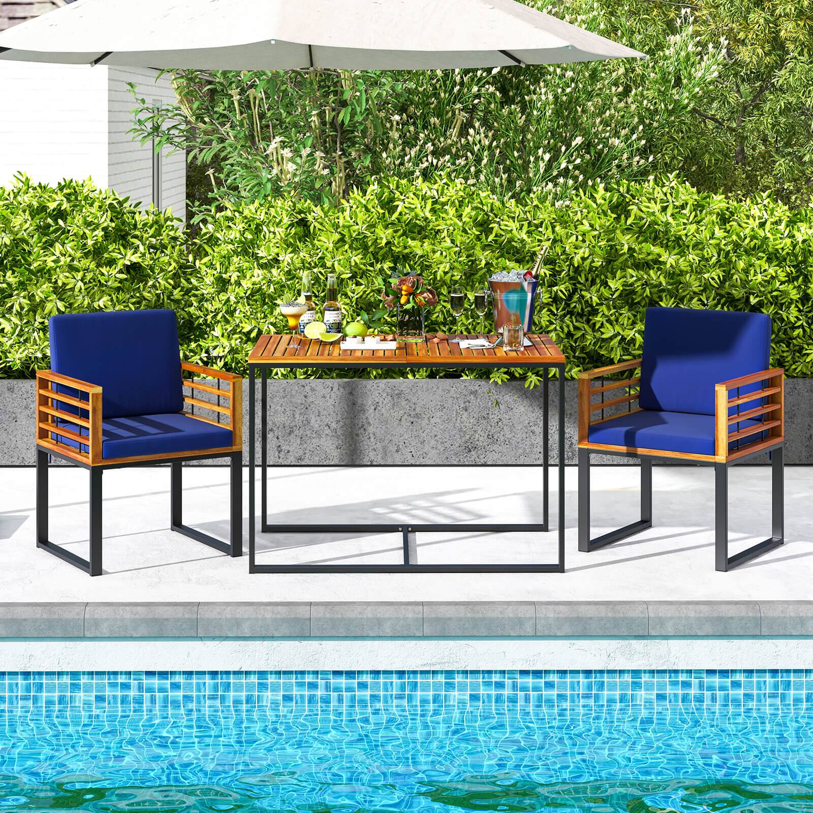 Alt View 3. Costway - Costway Acacia Wood Outdoor Dining Chairs Set of 4 with Soft Cushions & Metal Frame - Navy.