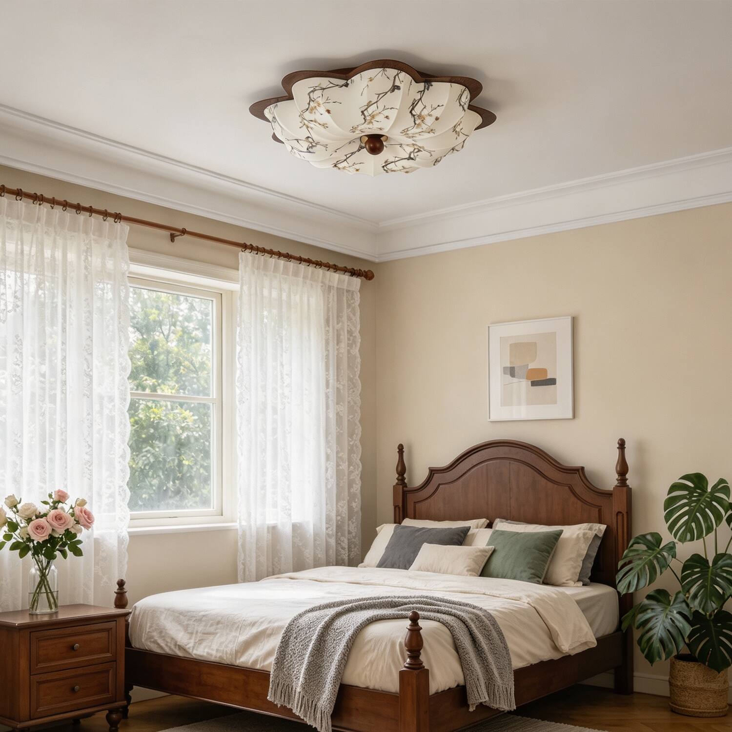 Back. Umeiluce - 19.7" Vintage LED Flush Mount Ceiling Light with Floral Fabric Shade Dimmable - Walnut.