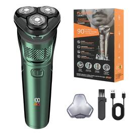 Cluzine - Men's USB Charging Cordless Electric Shaver, LCD Display Triple Blade Rotary Washable - Green