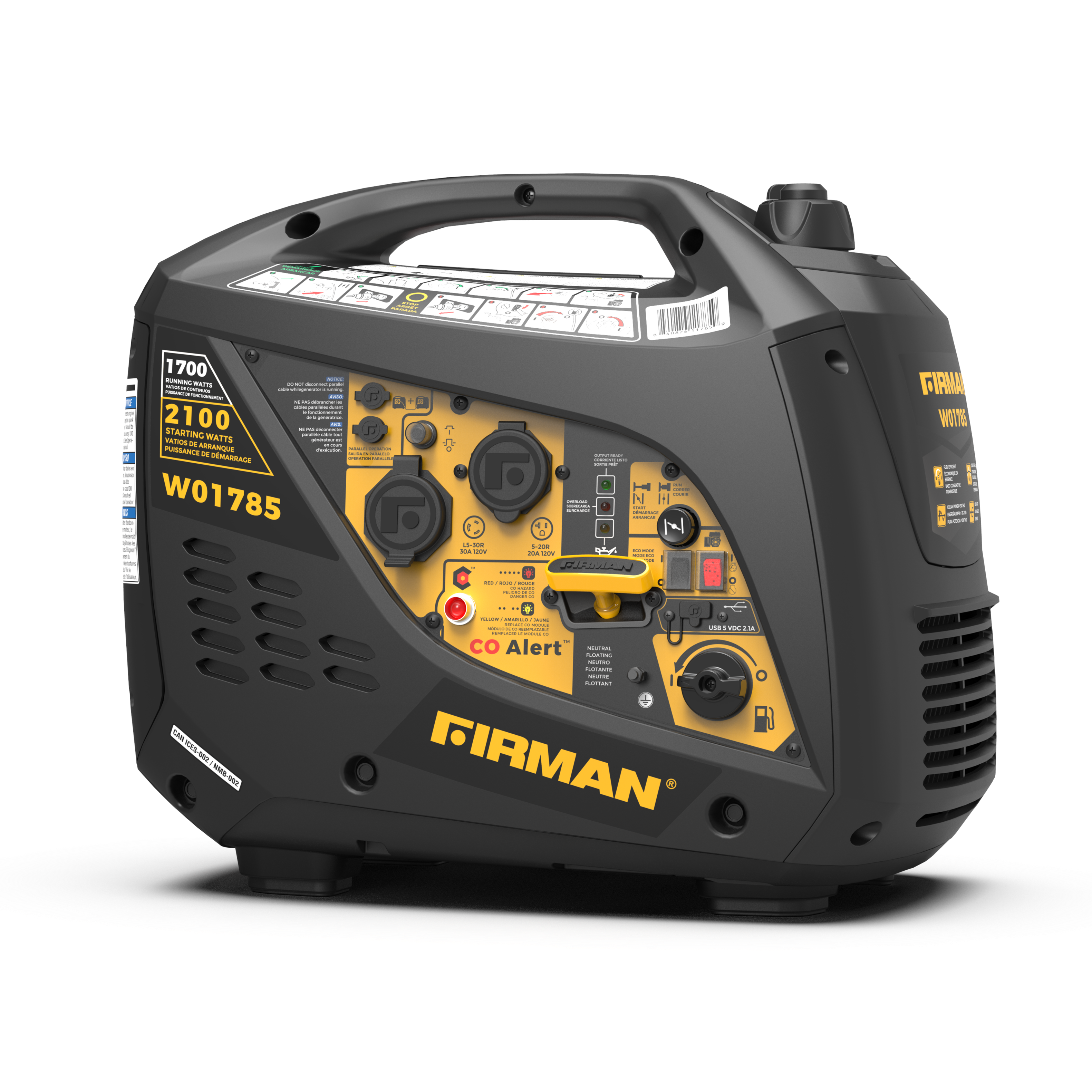 1700  
RUNNING WATTS  
2100  
STARTING WATTS  
W01785  

FIRMAN  
CO Alert  

FIRMAN  
W01785  

USB 5V 2.1A  

MUTUAL  
FLOATING  
AUTOMATIC  

FIRMAN
