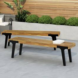 Mondawe - Set of 2 Outdoor Acacia Wood Dining Bench - Teak+ Black