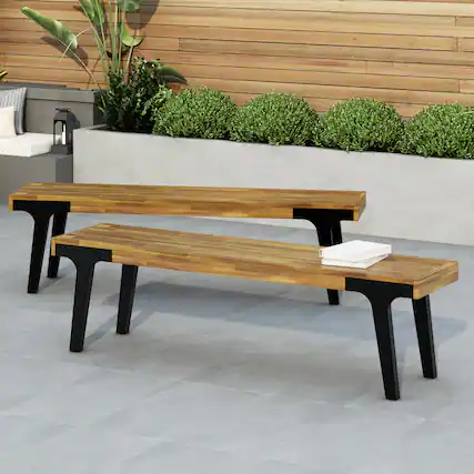 Front. Mondawe - Set of 2 Outdoor Acacia Wood Dining Bench - Teak+ Black.