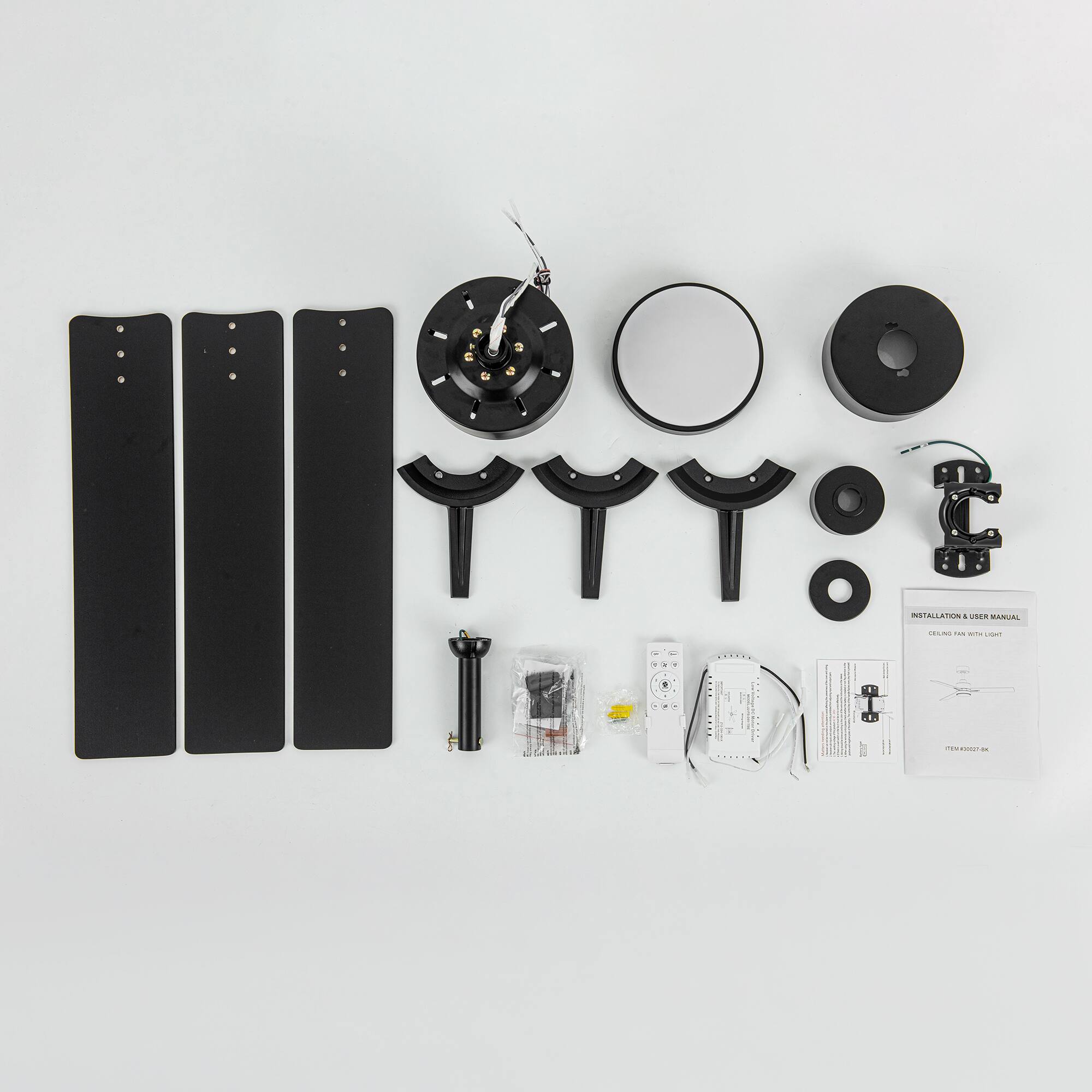 Alt View 9. Breezary - 48-Inch Indoor Ceiling Fan with Remote, 3 Plywood Blades, 6-Speed DC Motor, 5'' Downrod, LED/No Light, Single or 2-Pack - Black (With Light).