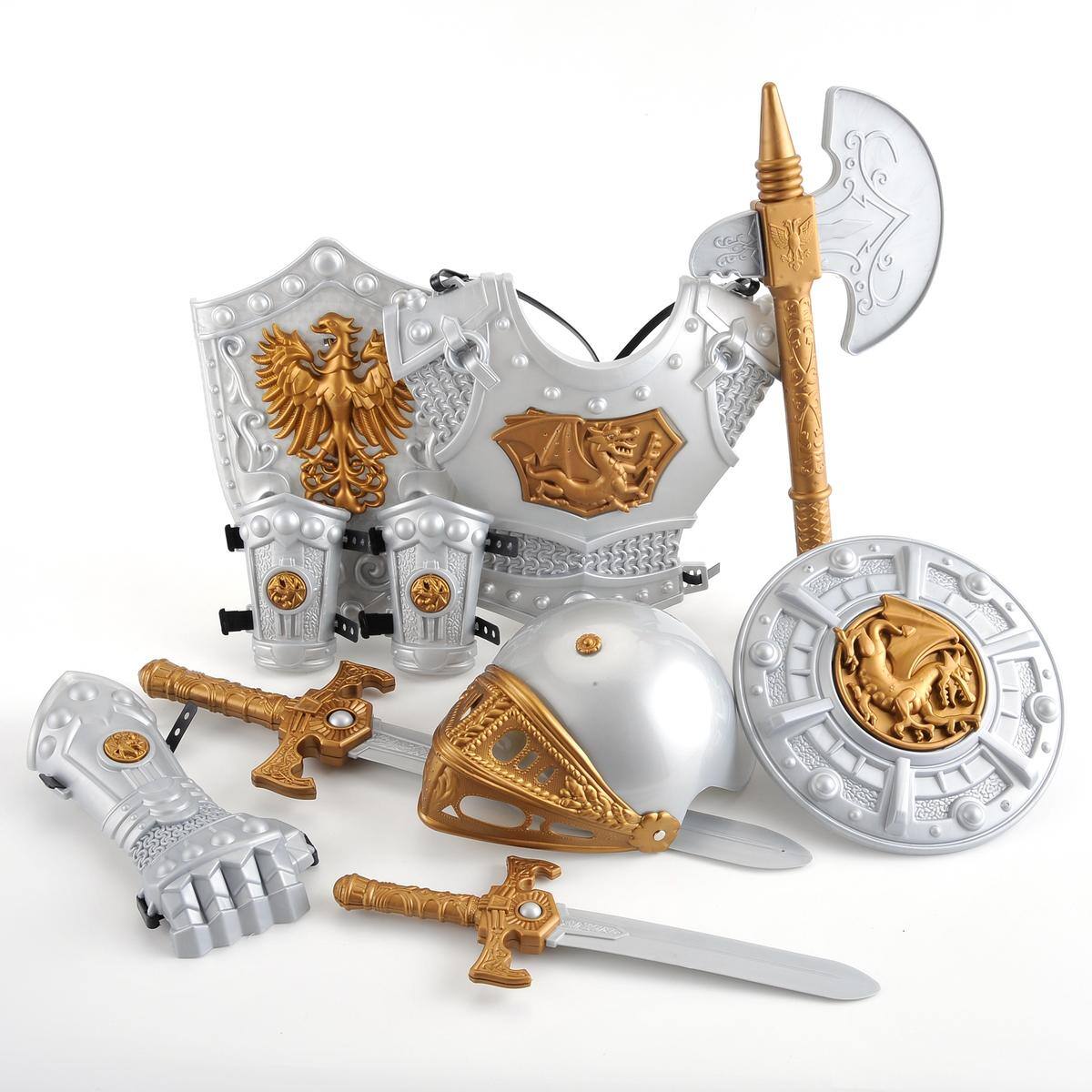 Front. JuzToys - Kids Knight Costume with Toy Weapons – Role Play Medieval Warrior Armor Costume, Sword and Shield, Dress Up Clothes - White.