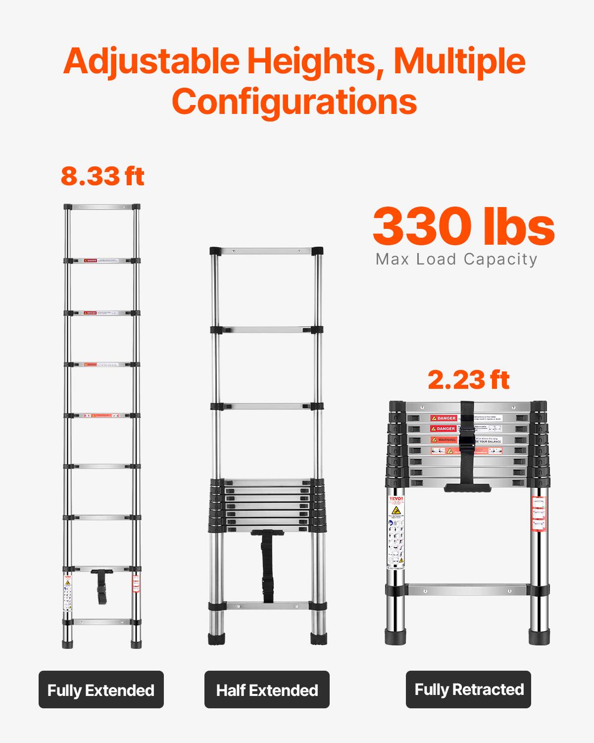 Adjustable Heights, Multiple Configurations

8.33 ft  
330 lbs Max Load Capacity  
2.23 ft

Fully Extended  
Half Extended  
Fully Retracted
