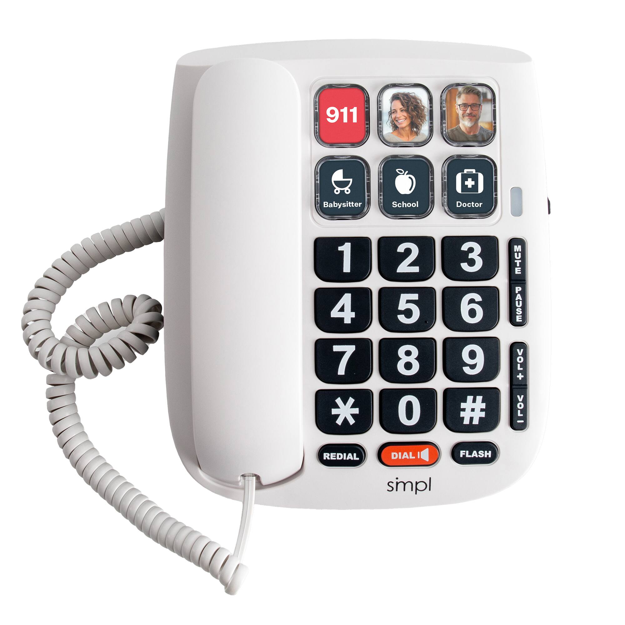 The image shows a white phone with a black keypad and a red button labeled "911." The phone also has a flash feature and a mute button. The keypad features numbers 1 through 9, as well as the numbers 0, 3, 6, and 9. The phone is connected to a cord, and there is a picture of a woman on the screen.