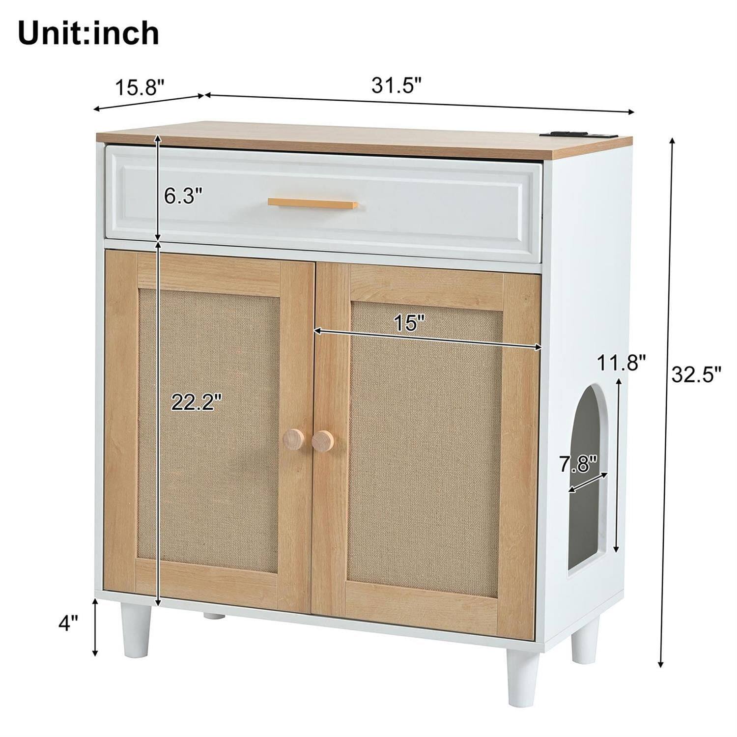 Unit: inch

- Width: 31.5"
- Depth: 15.8"
- Height: 32.5"
- Drawer Height: 6.3"
- Cabinet Height: 11.8"
- Cabinet Width: 22.2"
- Shelf Width: 15"
- Shelf Height: 7.8"
- Leg Height: 4"