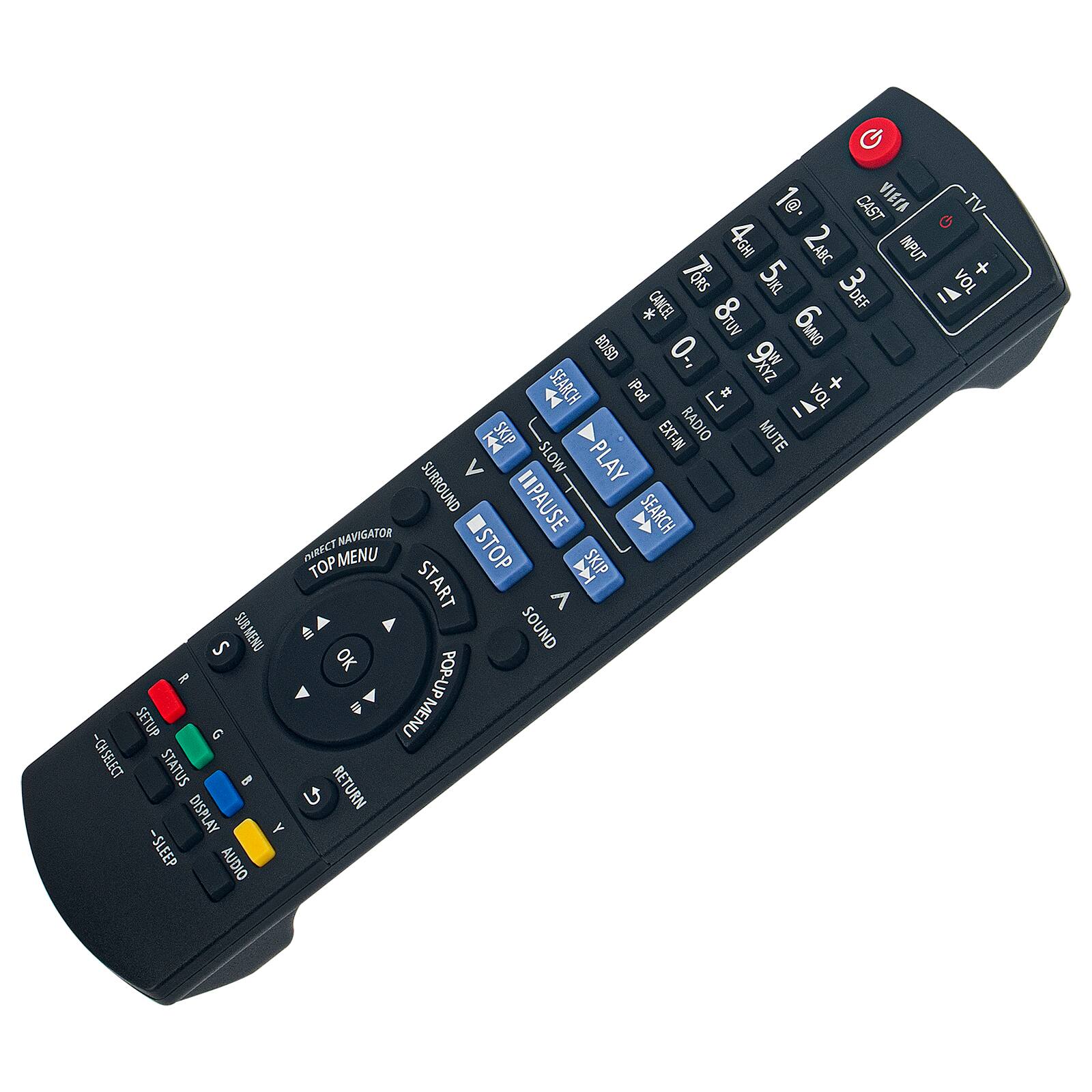 Sure, here is the corrected and grouped text from the image:

**Top Section:**
- CAST
- TV
- 1
- 2 ABC
- 3 DEF
- 4 GHI
- 5 JKL
- 6 MNO
- 7 PQRS
- 8 TUV
- 9 WXYZ
- 0
- INPUT
- VOL
- + VOL
- - VOL
- MUTE
- SLOW
- PLAY
- SUB
- MENU
- STOP
- START
- SUB
- MENU
- SOUND
- OK
- POP-UP
- SETUP
- MENU
- -CH SELECT
- STATUS
- RETURN
- DISPLAY
- -SLEEP
- AUDIO

**Middle Section:**
- NAVIGATOR
- TOP MENU
- START
- STOP
- SKIP
- EXT-IN
- RADIO
- MUTE
- SLOW
- PLAY
- SUB
- MENU
- STOP
- START
- SUB
- MENU
- SOUND
- OK
- POP-UP
- SETUP
- MENU
- -CH SELECT
- STATUS
- RETURN
- DISPLAY
- -SLEEP
-