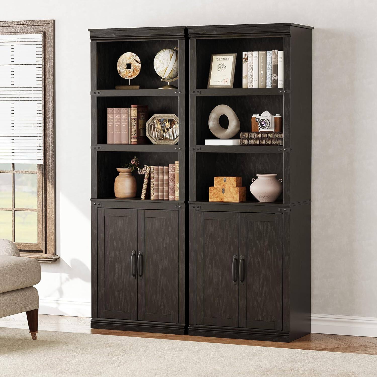 Left. Homhougo - 68.7" Tall 5-Tier Farmhouse Bookcase with Cabinet – Wooden 5-Shelf Bookshelf with Storage Doors, Freestanding Bookcase - Black.