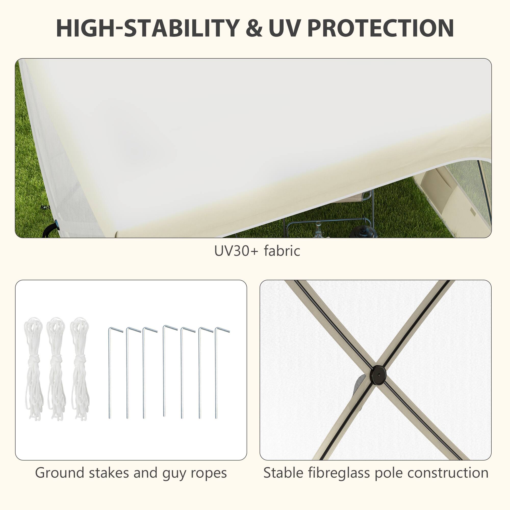 HIGH-STABILITY & UV PROTECTION

- UV30+ fabric
- Ground stakes and guy ropes
- Stable fibreglass pole construction