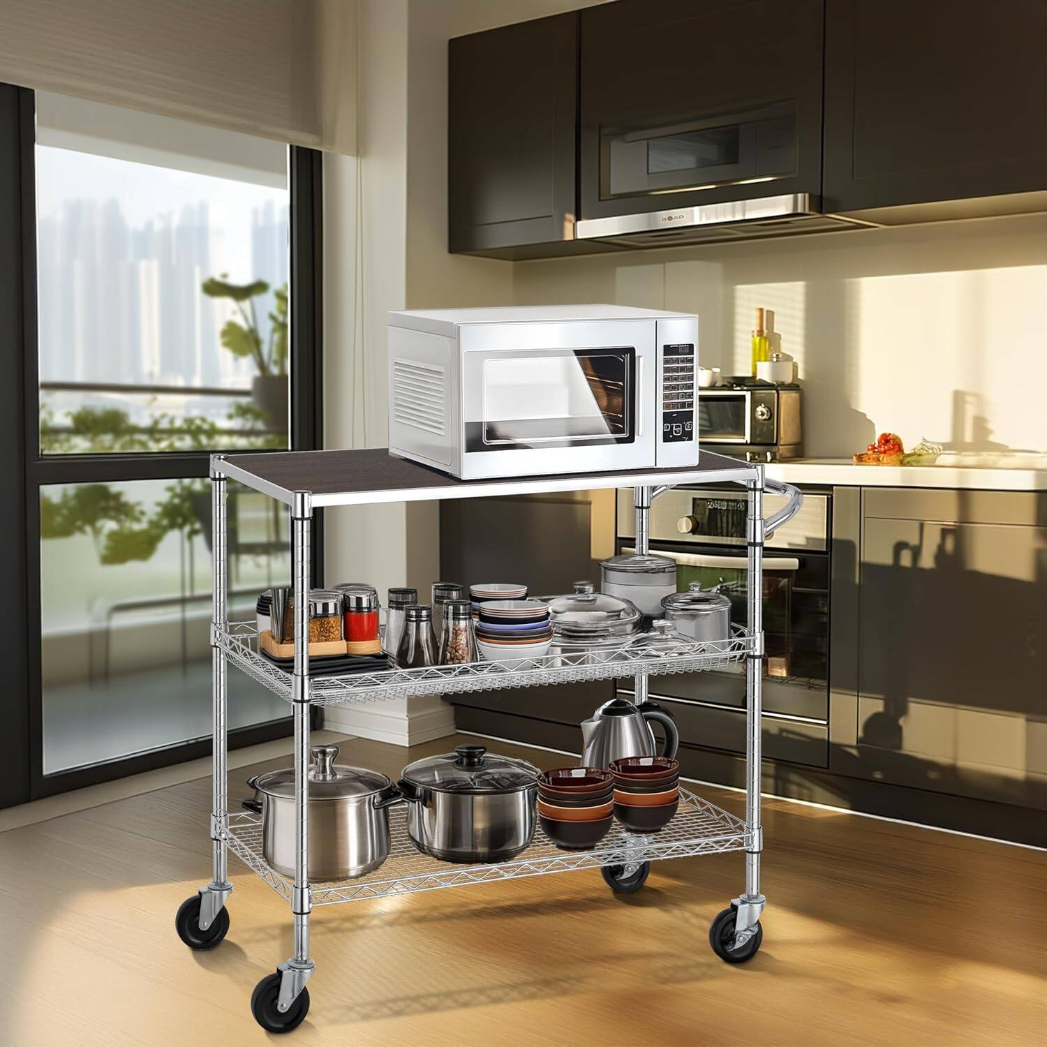 Alt View 2. Finnhomy - Finnhomy 3-Tier Heavy Duty Utility Cart with Reinforced Wood Top – 18" x 36" Kitchen Cart with 600 lb Capacity, Chrome - Chrome.