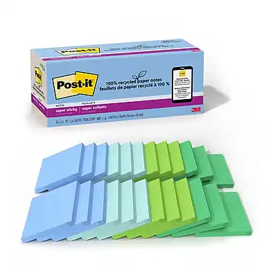 Post-it
100% recycled paper note
100% de papier recyclé
super sticky
super collants
3M