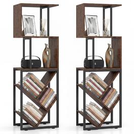 Gymax - 2PCS 6-Tier Bookshelf Industrial S-Shaped Geometric Bookcase w/ Display Shelves - Brown