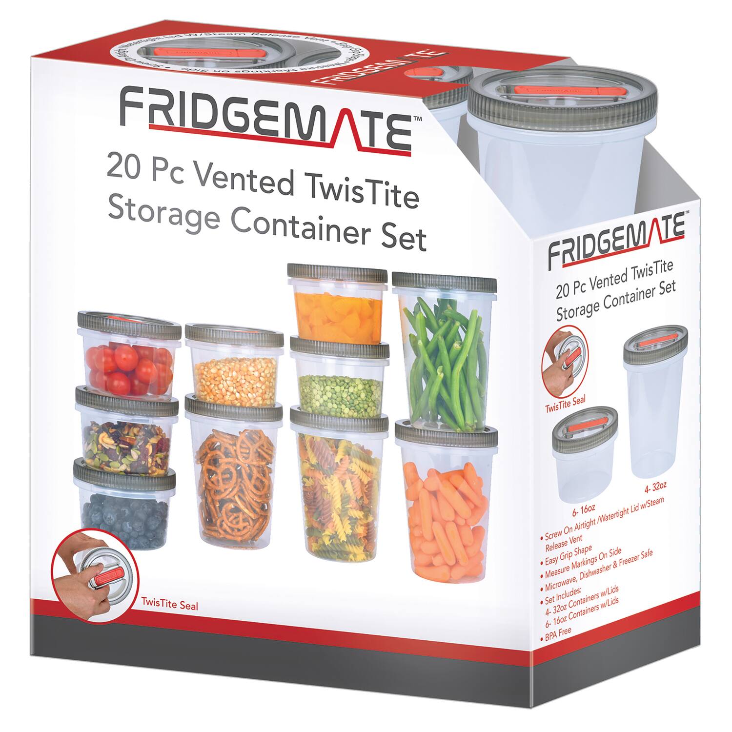FRIDGEMATE  
20 Pc Vented TwisTite Storage Container Set  

TwisTite Seal  

- Screw On Airtight/Water Tight Lid/Steam Release Vent  
- Easy Grip Shape On Side  
- Measure Markings & Freezer Safe  
- Microwave, Dishwasher Safe  
- Set Includes:  
  - 4 - 32oz Containers & Lids  
  - 6 - 16oz Containers & Lids  
- BPA Free