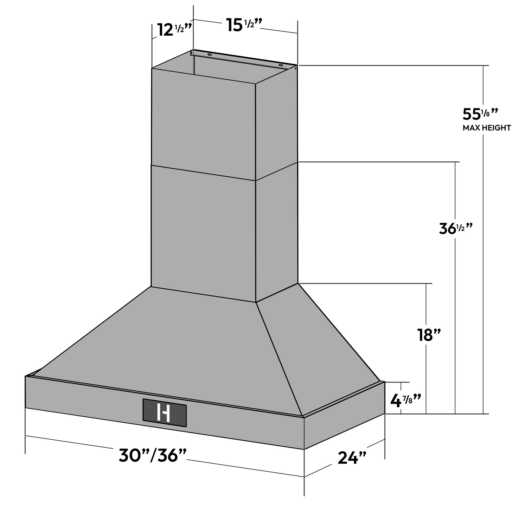 12 1/2"  
15 1/2"  
55 1/8" MAX HEIGHT  
36 1/2"  
18"  
4 7/8"  
30"/36"  
24"