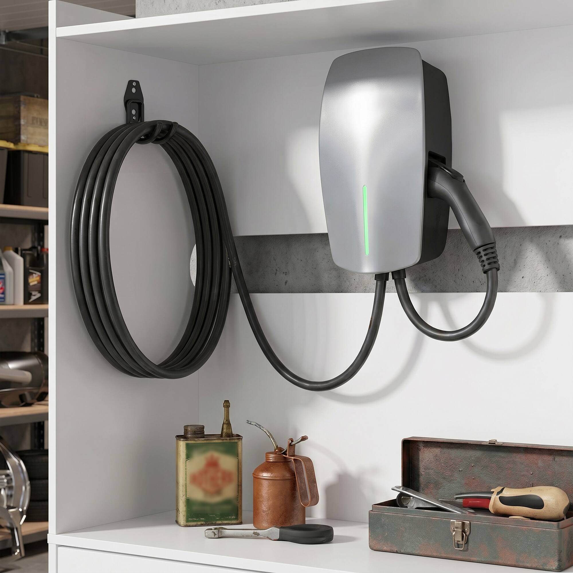 Alt View 3. Famapy - Modern Garage EV Charger Storage Cabinet with Cable Hooks, 2 Drawersr for Tools and Charging Station - White.
