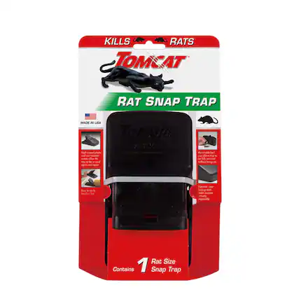 KILLS RATS
TOMCAT®
RAT SNAP TRAP
MADE IN USA
High impact plastic and rust resistant metal trap to be used again and again.
Easy to set by hand or foot.
Removable bait cup allows trap to be set without being reset.
Patented interlocking design makes escapes impossible.
Rat Size Snap Trap
Contains 1 Snap Trap