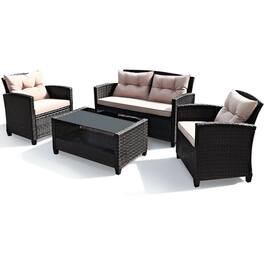 Kadyn - Cushioned Patio Rattan Wicker Conversation Furniture Set 4 Pcs with Glass Coffee Table, Outdoor Seating Set for Yard and - Brown