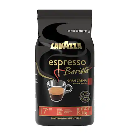 WHOLE BEAN COFFEE
LAVAZZA
espresso Barista
GRAN CREMA
MEDIUM ROAST
THE MASTER OF ESPRESSO SINCE 1895
NET WT 35.2 OZ (2.2 LB) 1 kg
INTENSITY 7/10
ROASTED AND PACKAGED IN THE U.S.
FOR ESPRESSO, CAPPUCCINO & LATTE