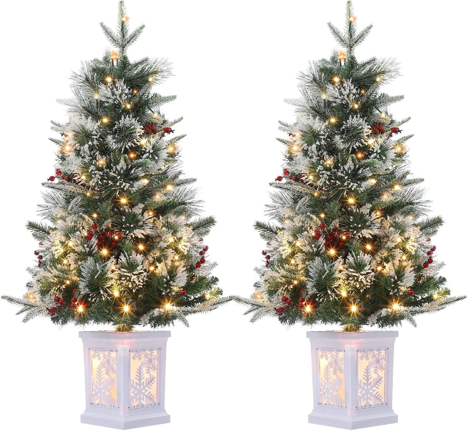 Front. Qeetex - 3ft Pre-Lit Christmas Tree, Mini Xmas Tree with 78 LED Lights for Indoor/Outdoor Decor - Green 2pcs.